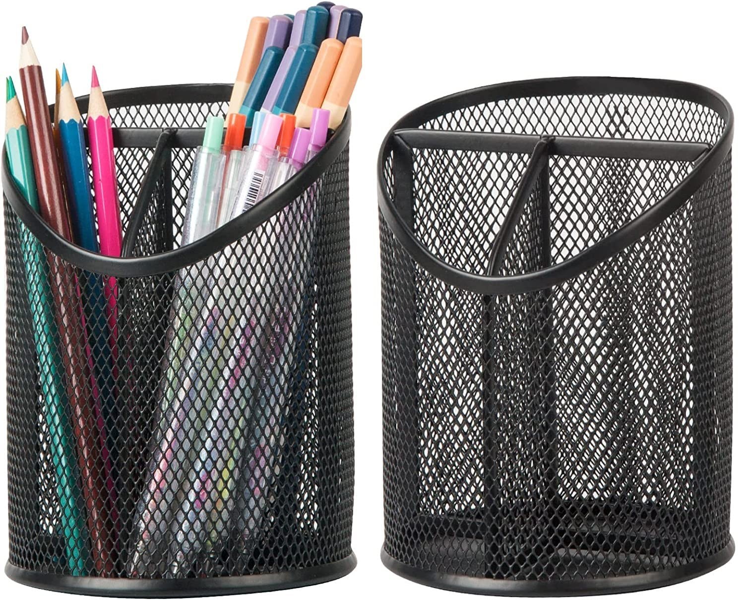 2 Pack Pen Holder Mesh Round Pencil Holder Desktop Organizer 3 Compartments, …