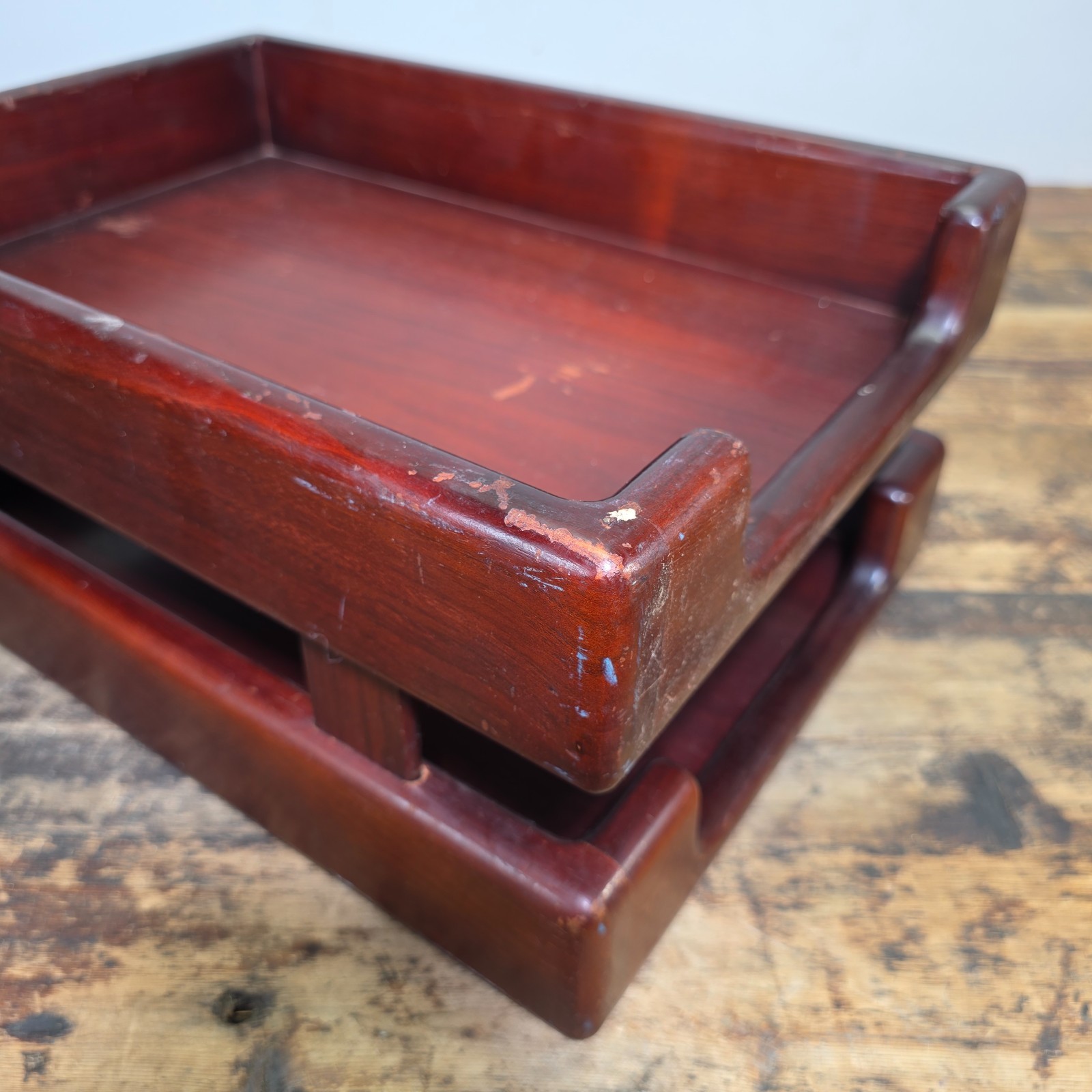 Vintage Wood 2 Tier Letter Tray Desk Organizer Mid Century Modern Rustic Style
