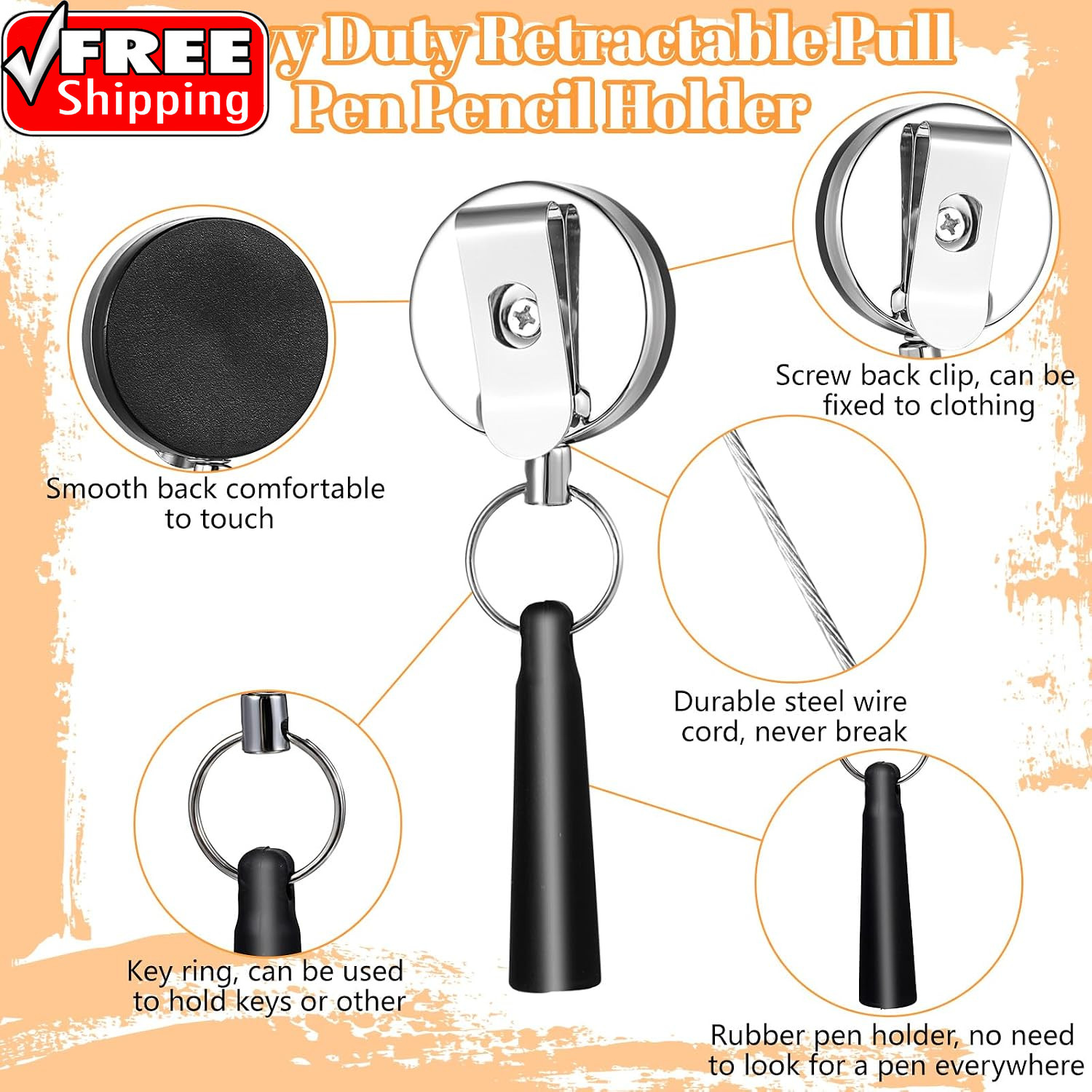 2Pcs Retractable Pencil Holder, Heavy Duty Pull Pen Holder, Badge Reel Elastic S