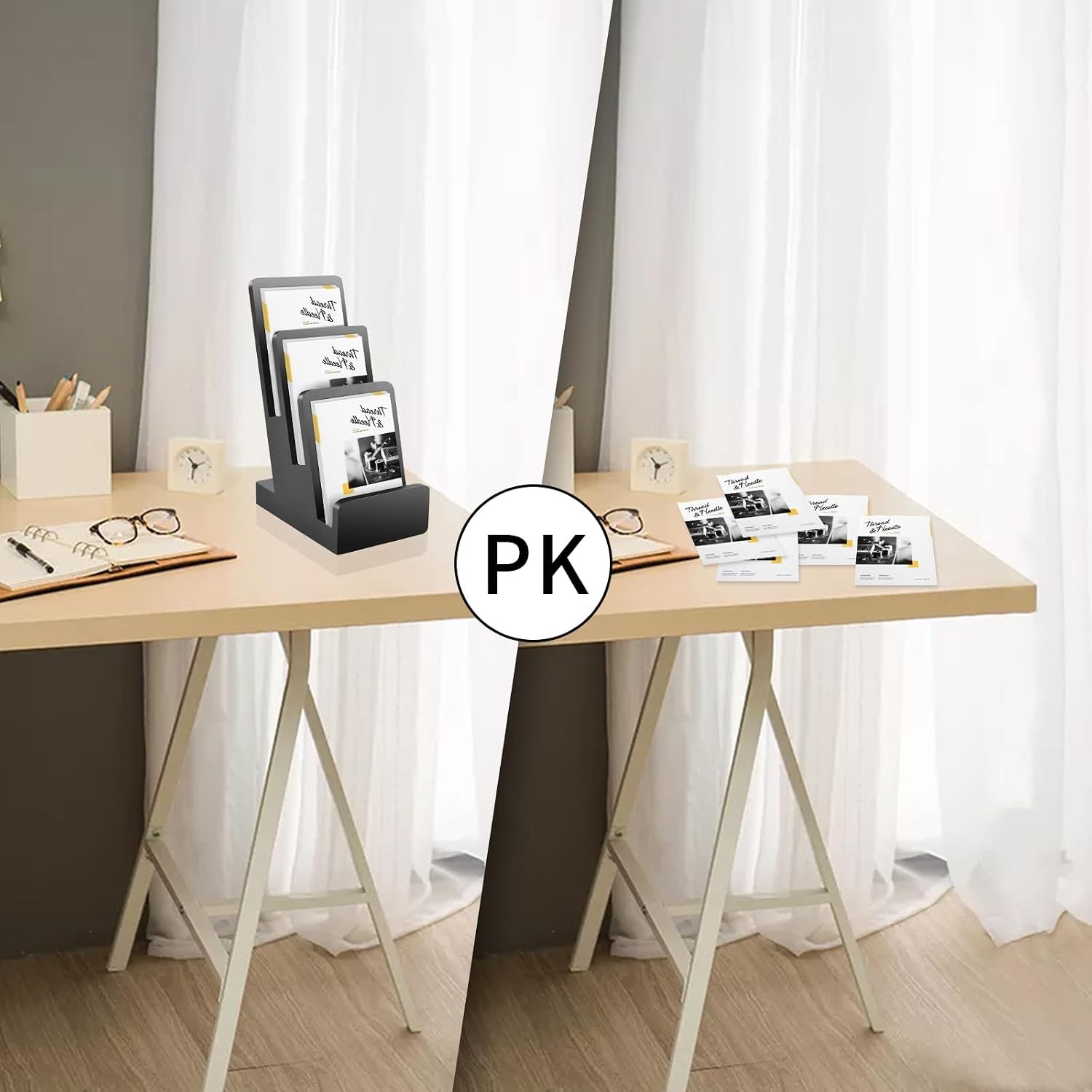 Tier Literature Holder Pine Wood Black Trifold Brochure Organizer Desk Organizer