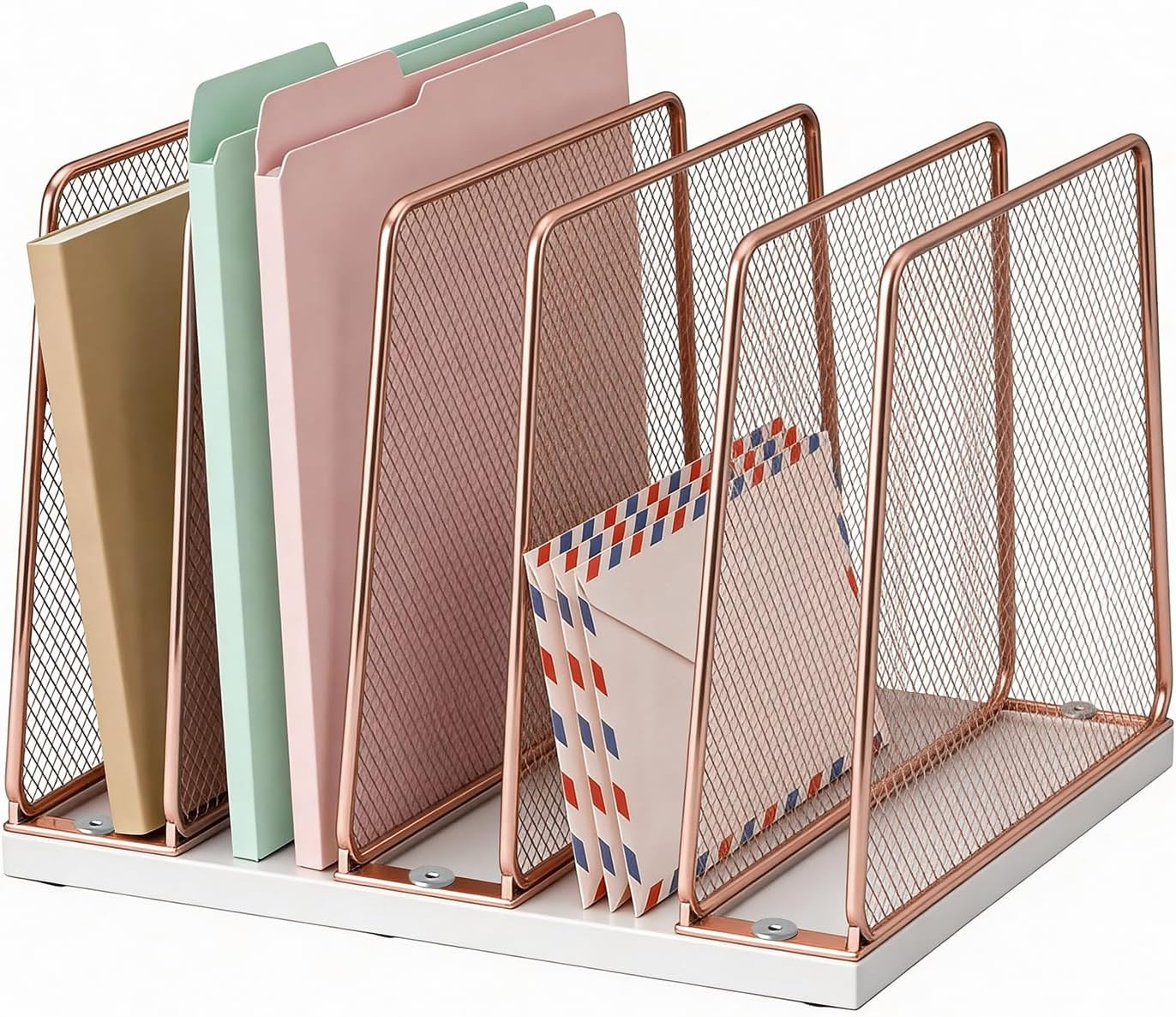 Rose Gold Desk File Organizer, 5-Section Upright File Sorter, Vertical File Fold
