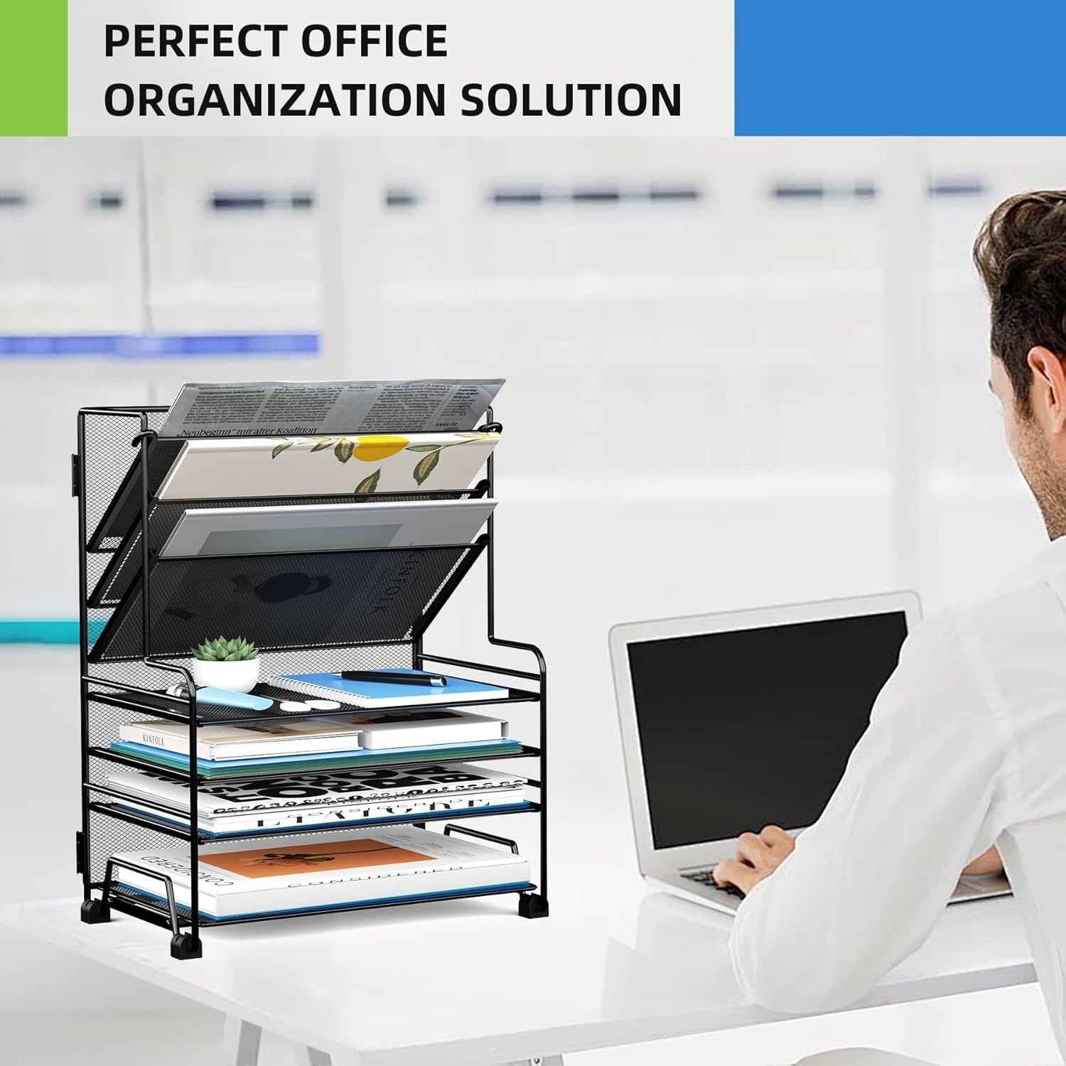 4-Tier Paper Organizer + 3-Pocket File Holder + Drawer + Pen Holders, Desktop…