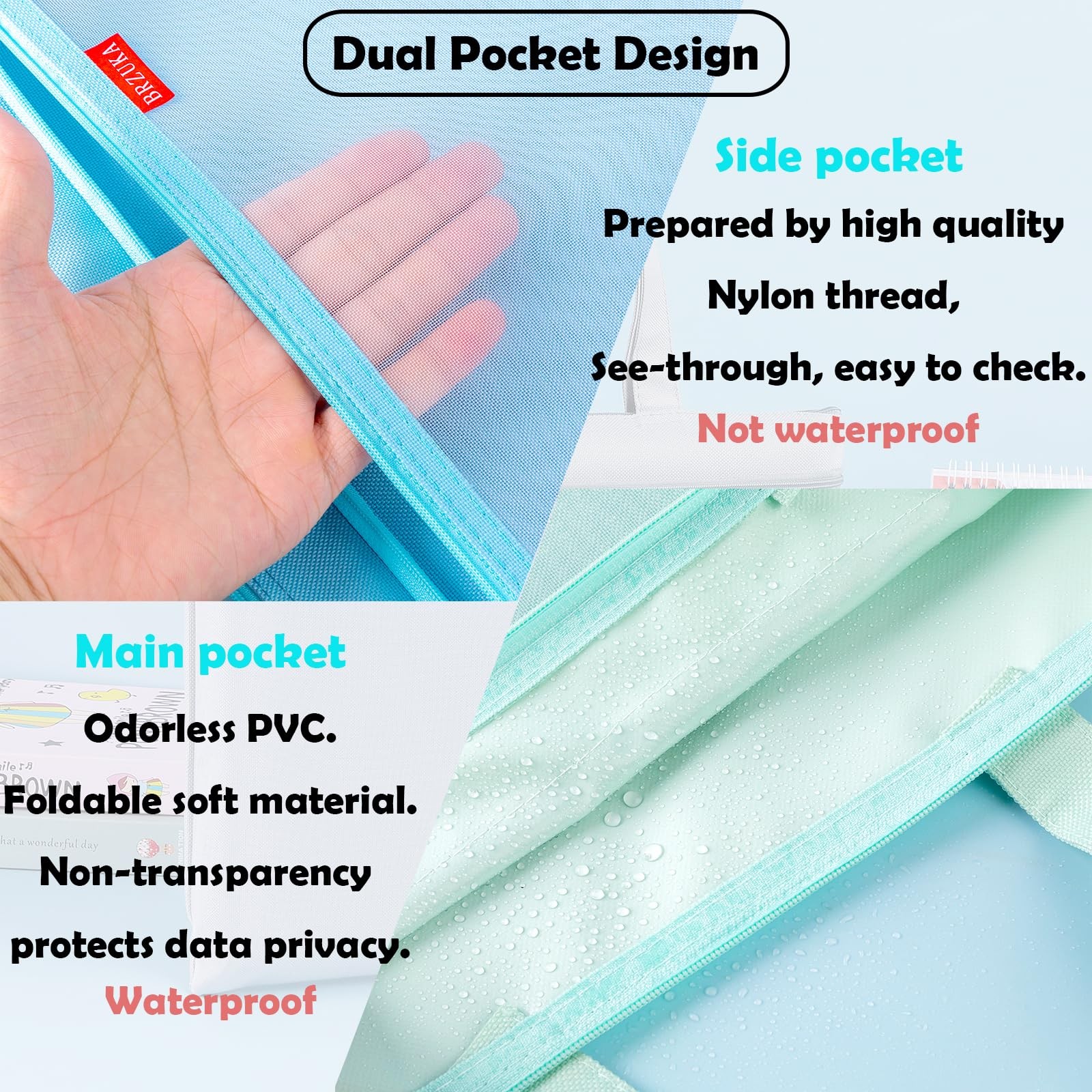 Mesh Zipper Pouch 11×13.7 in, A4 Double Pocket Waterproof File Bag with Handl…
