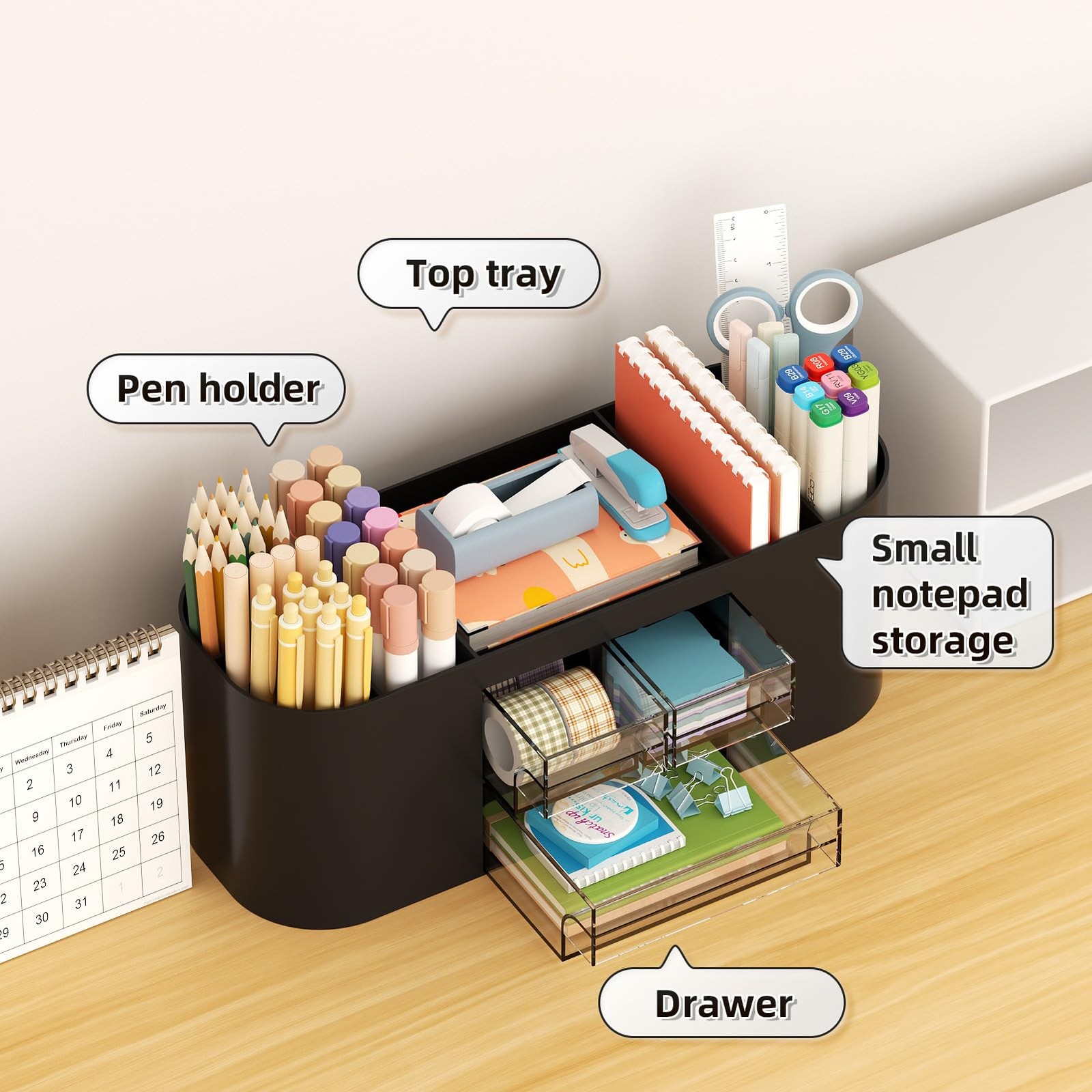 Marbrasse Desk Organizer Pen Holder with 3 Drawers, Multi-Functional Black