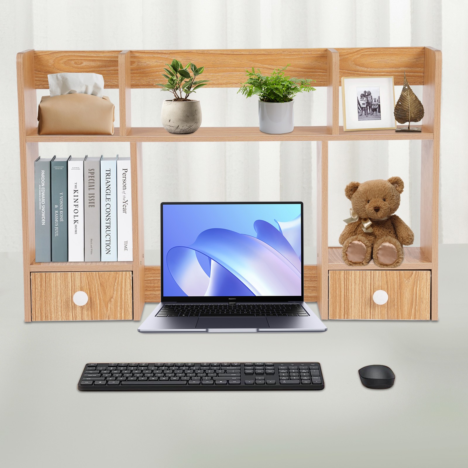 Double Layer Three Grid Two Drawer Desktop Storage Rack, Office Storage Rack
