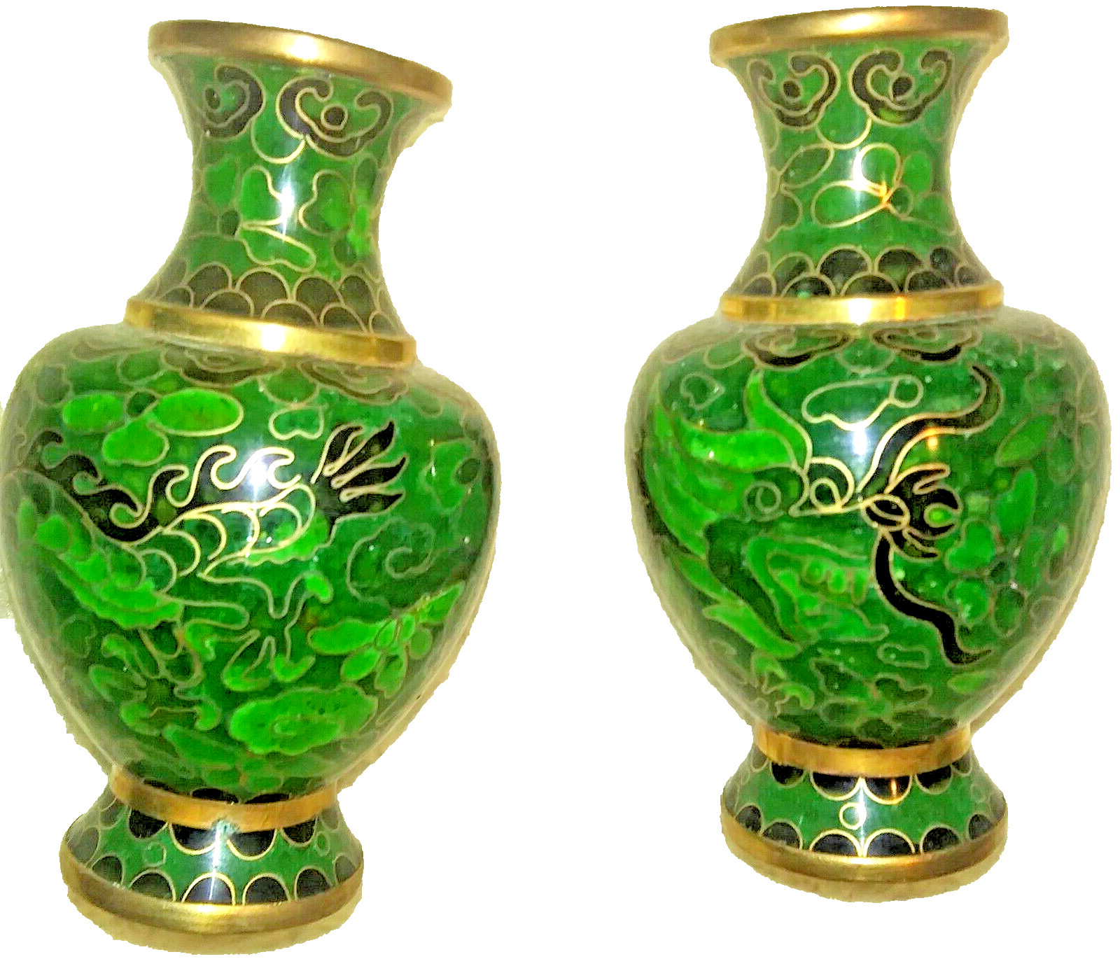 two Emerald Green Chinese Cloisonne Vase With A Imperial Dragon