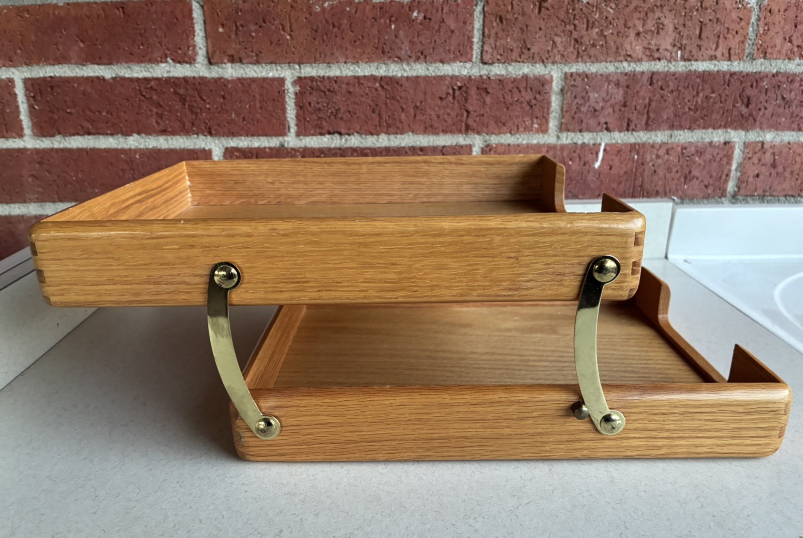 VTG 2 Tier Wood Brass Desk Document Organizer Letter Tray In/Out Box Dovetails