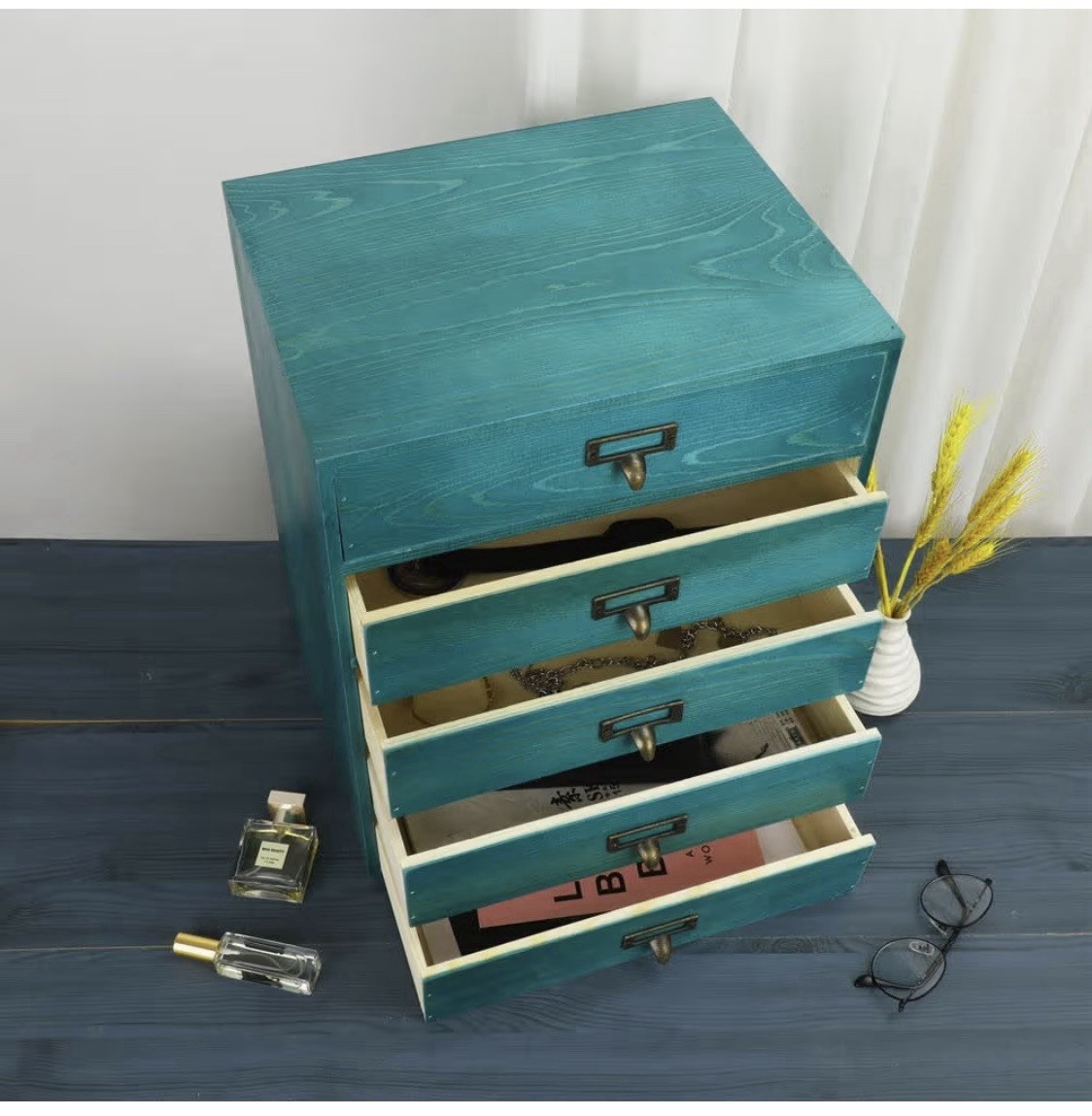 Large Wooden Drawers Rustic Desk Organizer (Blue)
