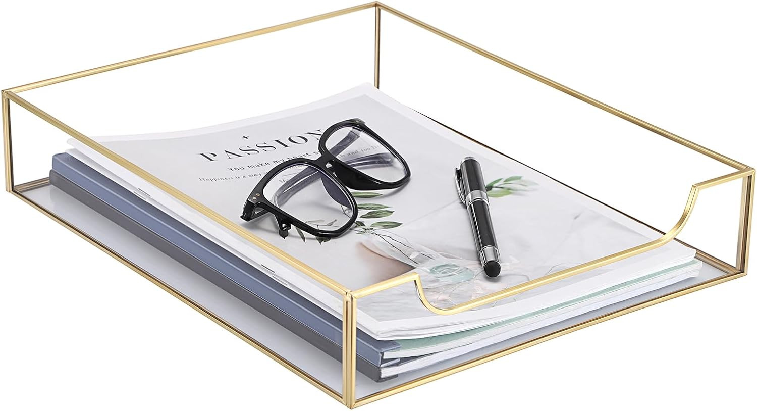 1 Pack Golden Glass Desk Tray, Multi-Purpose Organizer for A4 Paper, Documents,