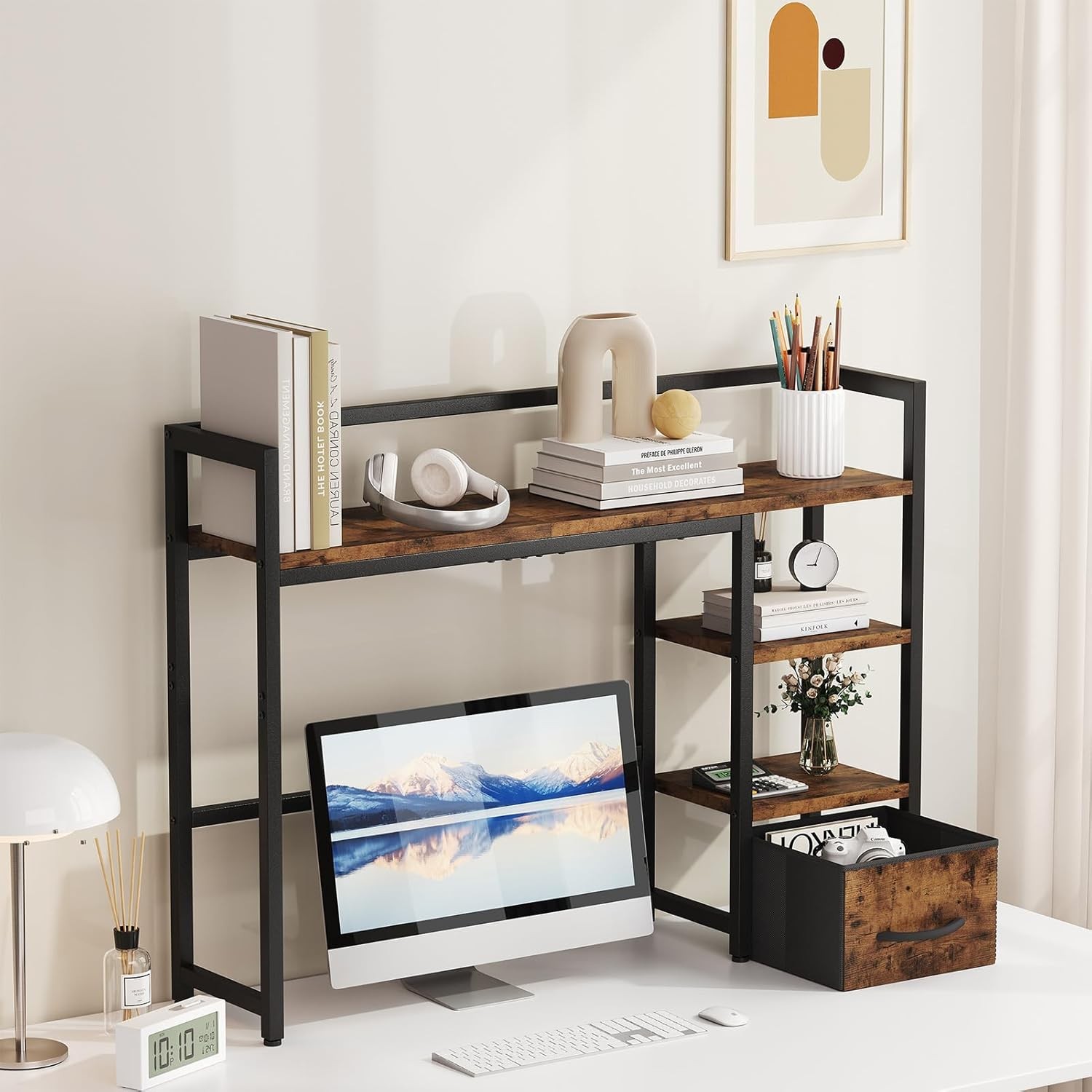 Marbrasse Desk Shelf with Drawer, 40″ 40″L × 9.5″W × 29.5″H, Dark Brown