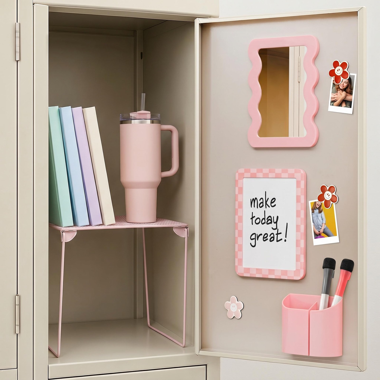 Stylish Locker Kit – Includes Shelf, Mirror, Whiteboard, Pen Holder, Cute Flo…