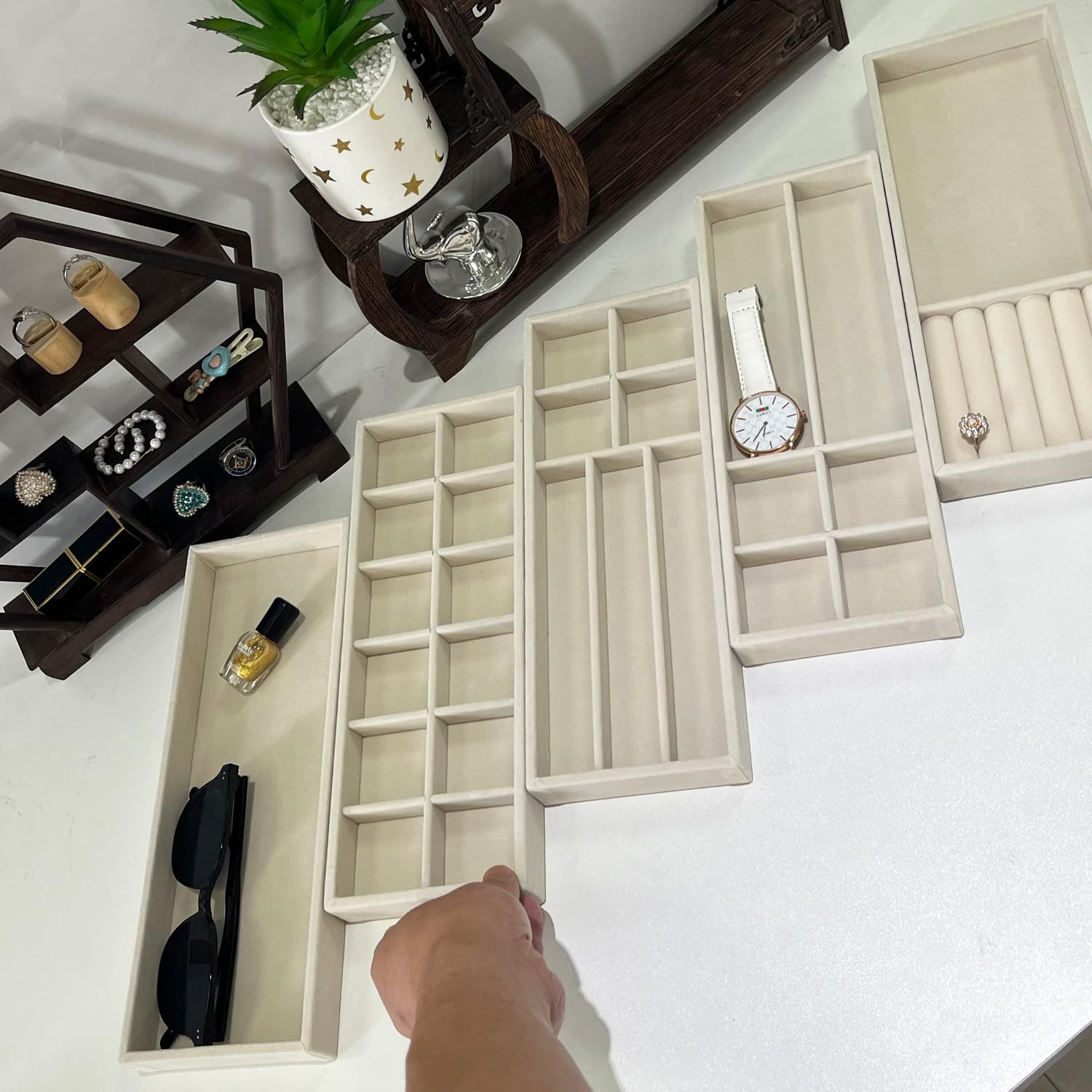 2Pcs Desk Drawer Storage Tray, Nightstand Organizer 12 Grid, Beige