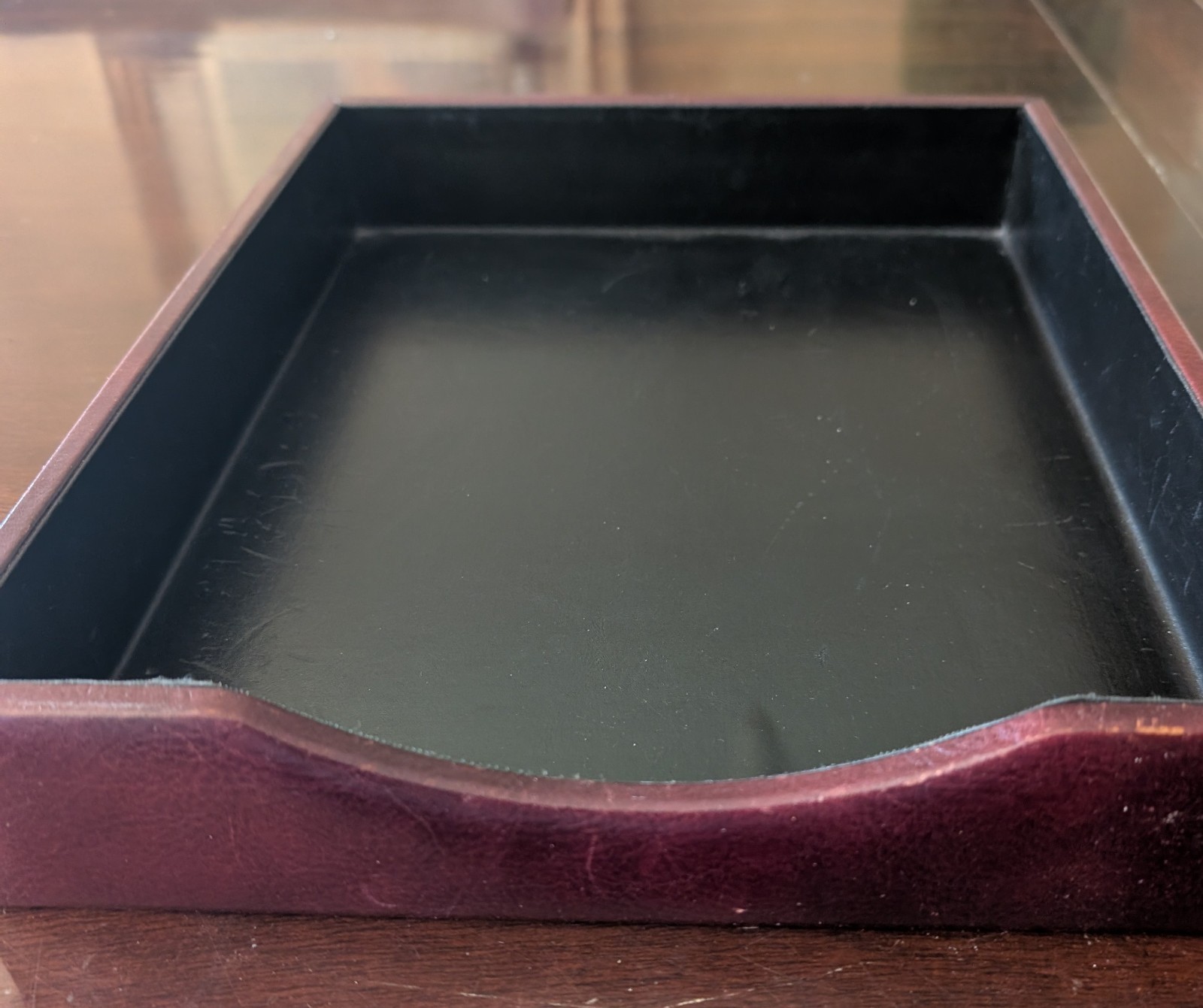 Bosca Hand Stained Hide Brown Leather Desktop Letter Tray Organizer 13″ x 10.5″