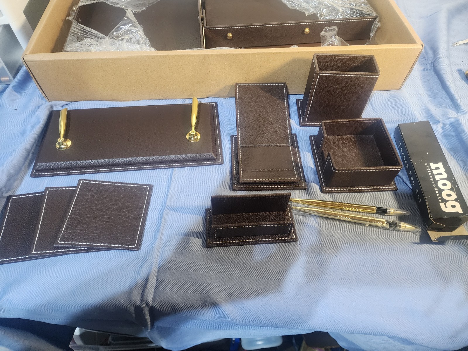 Luxury Leather&Wood Desk Set 11 Pcs with Double Tray Desk Organizer Brown
