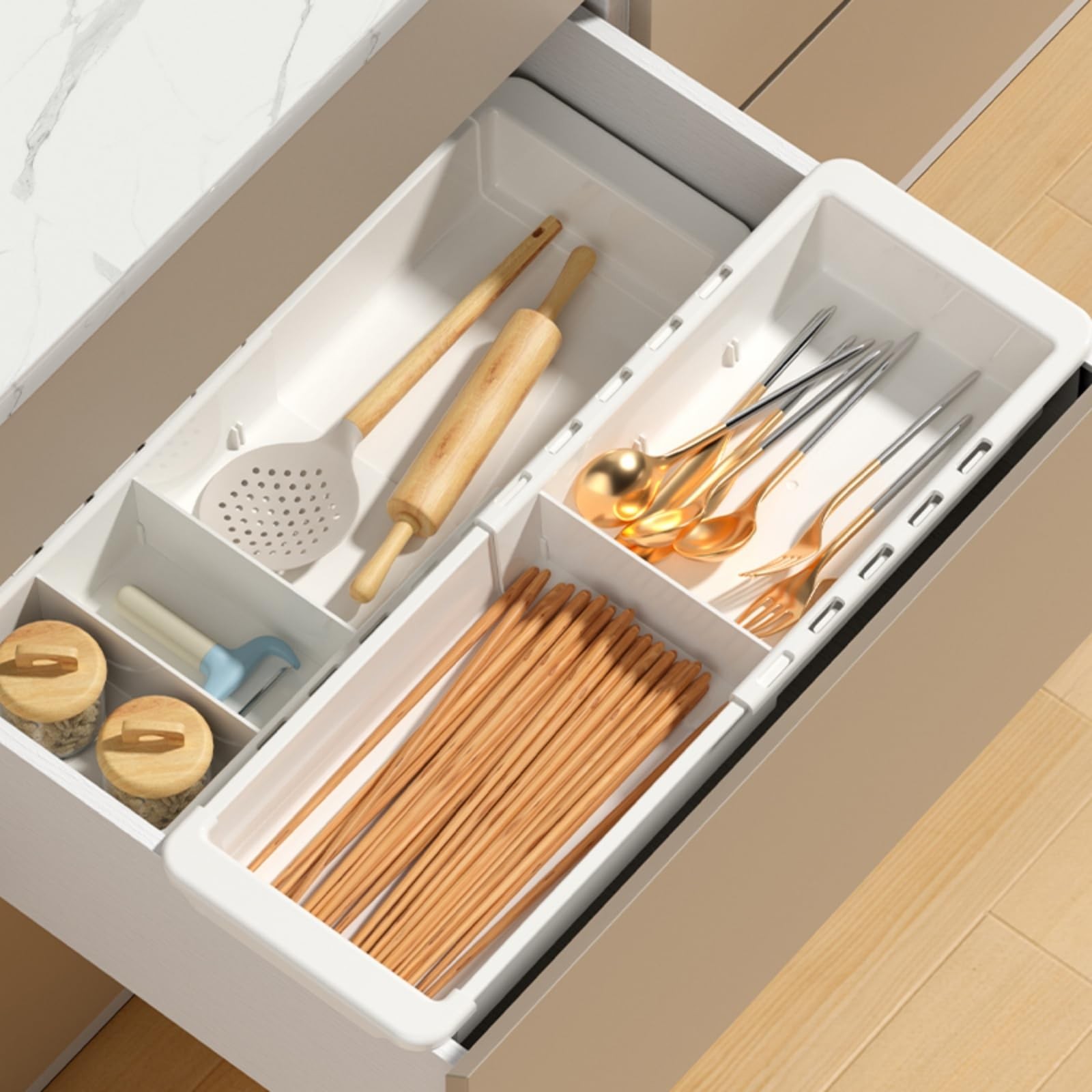 EooUooIP Sliding Drawer Tray with Adjustable Dividers, Expandable White