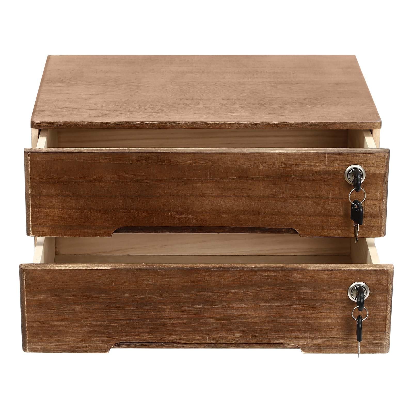 ZERNEIL 2-Tier Wooden Desktop Storage Box with Lockable Drawers, Flat Walnut