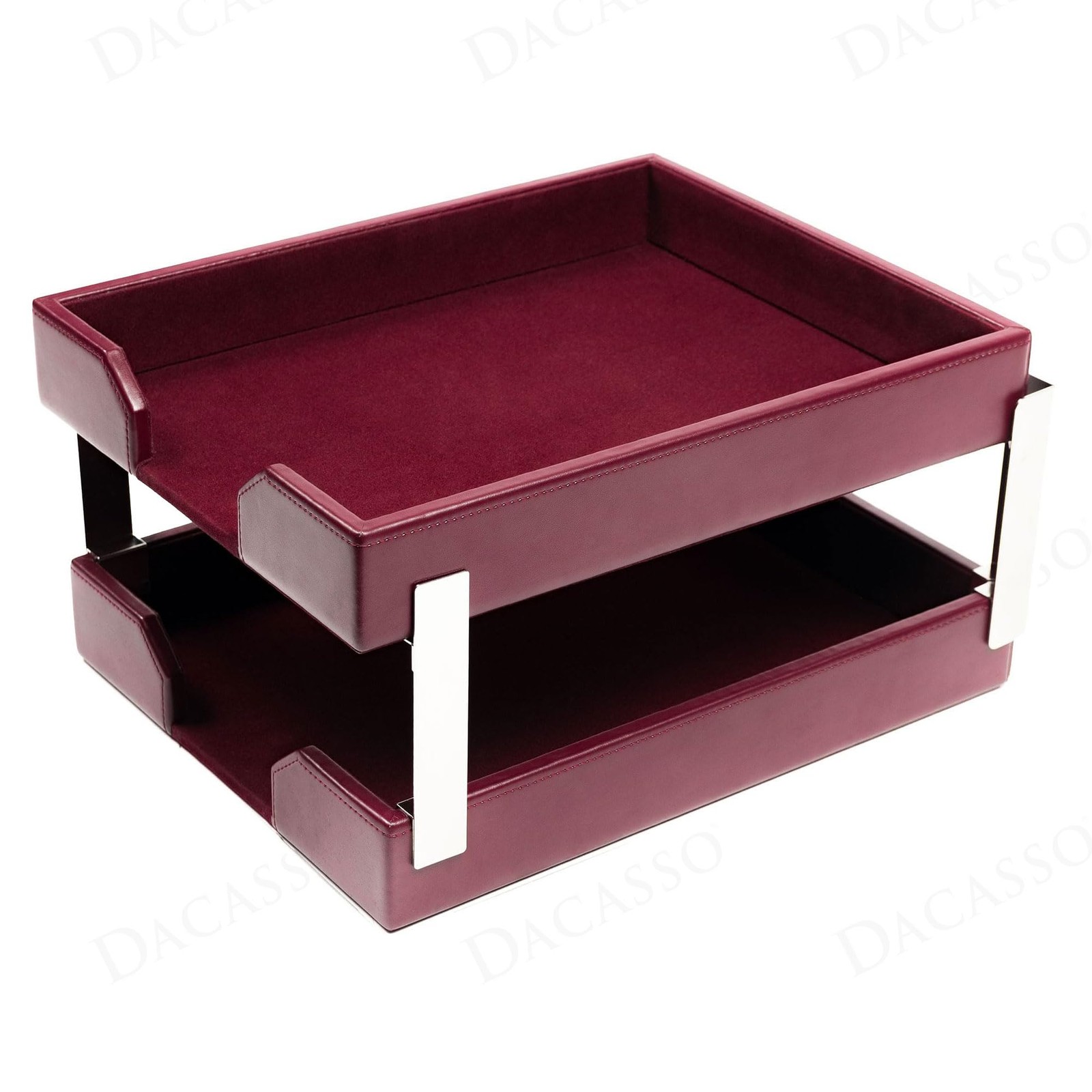 Burgundy Bonded Leather Front-Load Double Letter Tray Set w/Silver Stacking P…