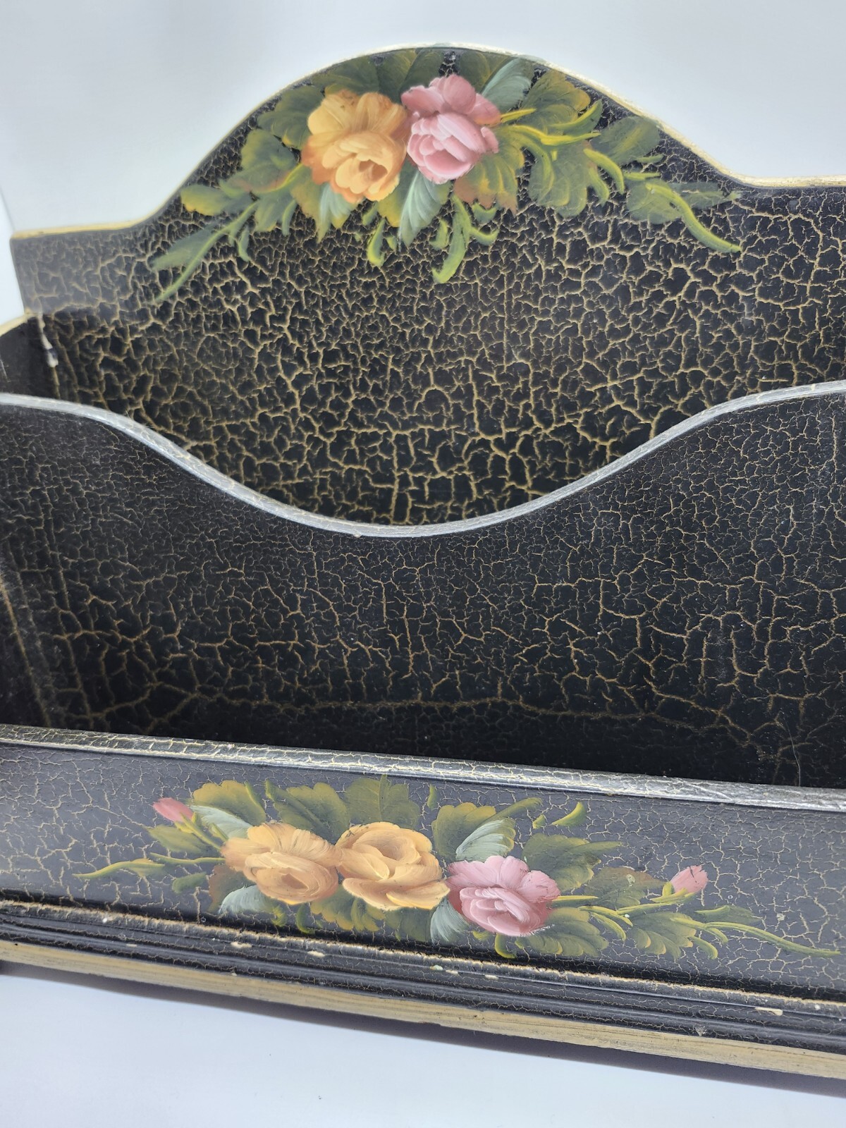 Handpainted Vintage Desk Organizer Rose Maling Wooden W/brass Feet