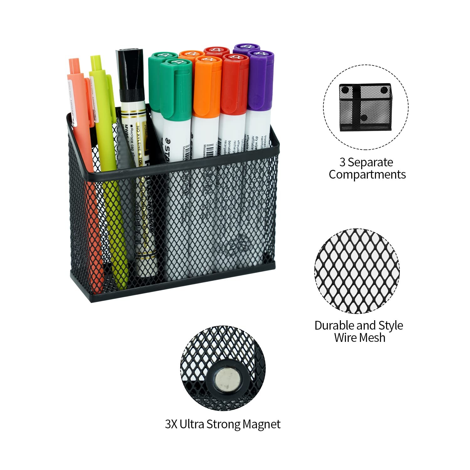 Magnetic Pen Holder 2 Pack, 3-Compartment Metal Mesh Magnetic Organizer for W…