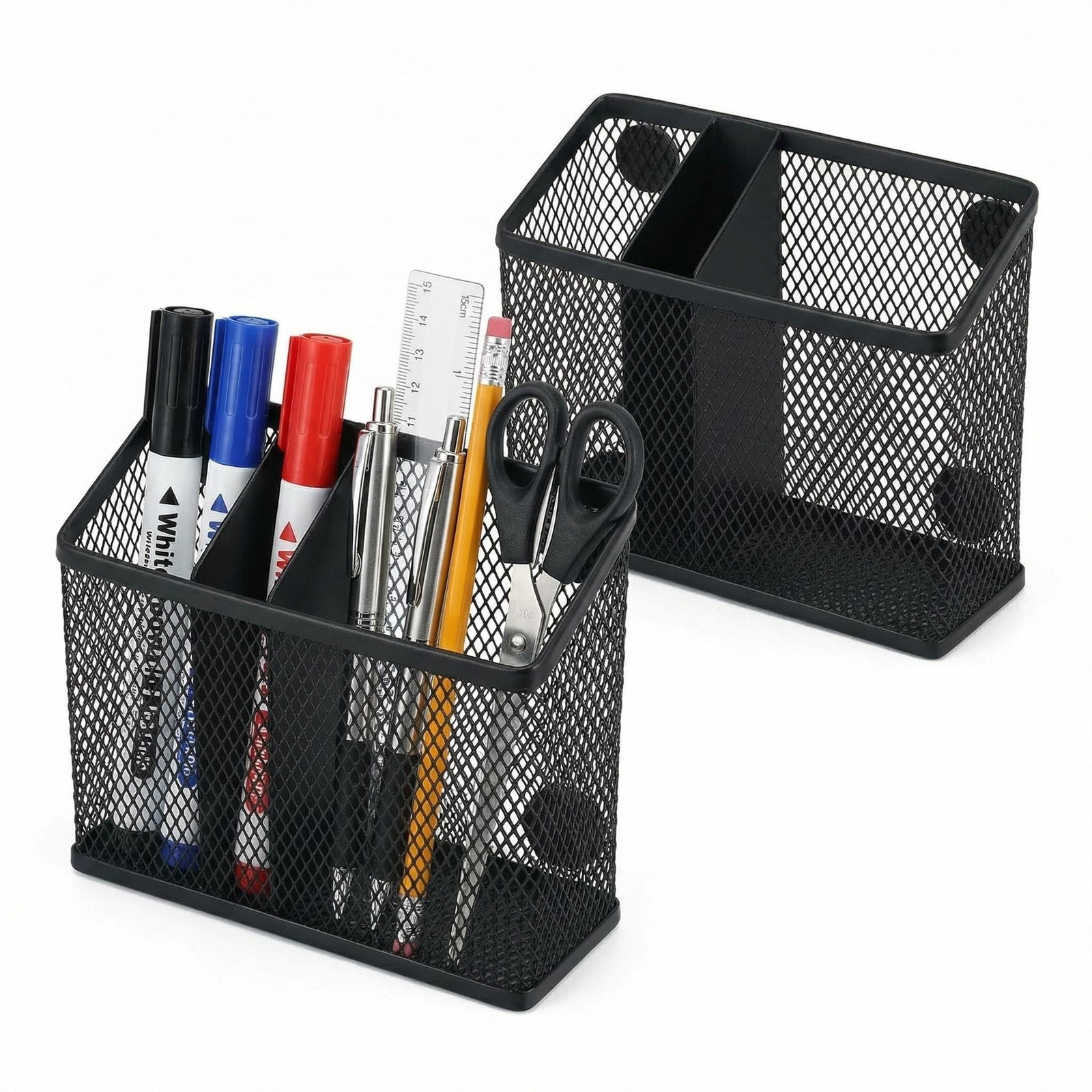 Magnetic Pen Holder 2 Pack, 3-Compartment Metal Mesh Magnetic Organizer for W…