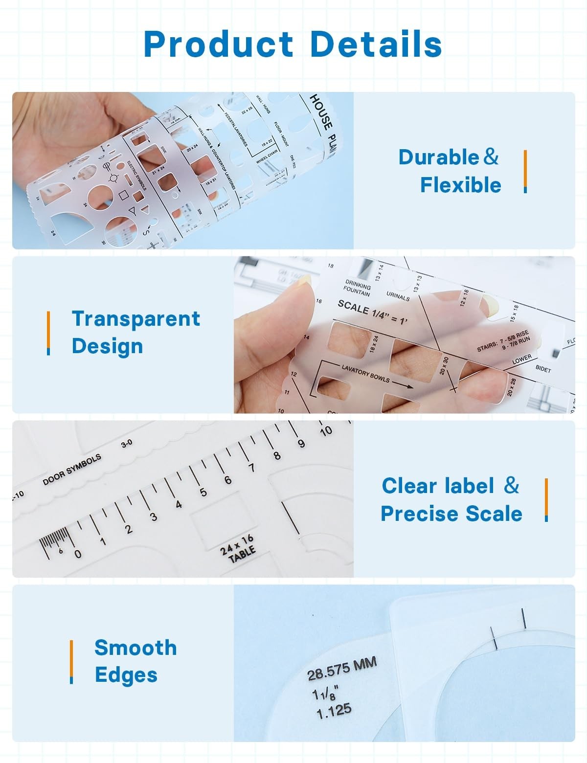 GAUENEEN 5 Pcs Architectural Templates: Circle, 11 inches × 8.7 inches, Clear