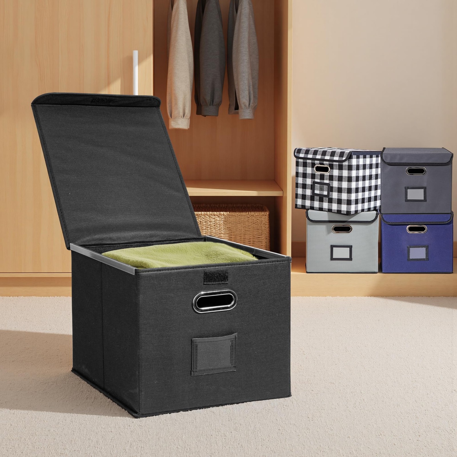 Hleelomi Collapsible File Box with Lid & Plastic Slide – 1 Pack, Black