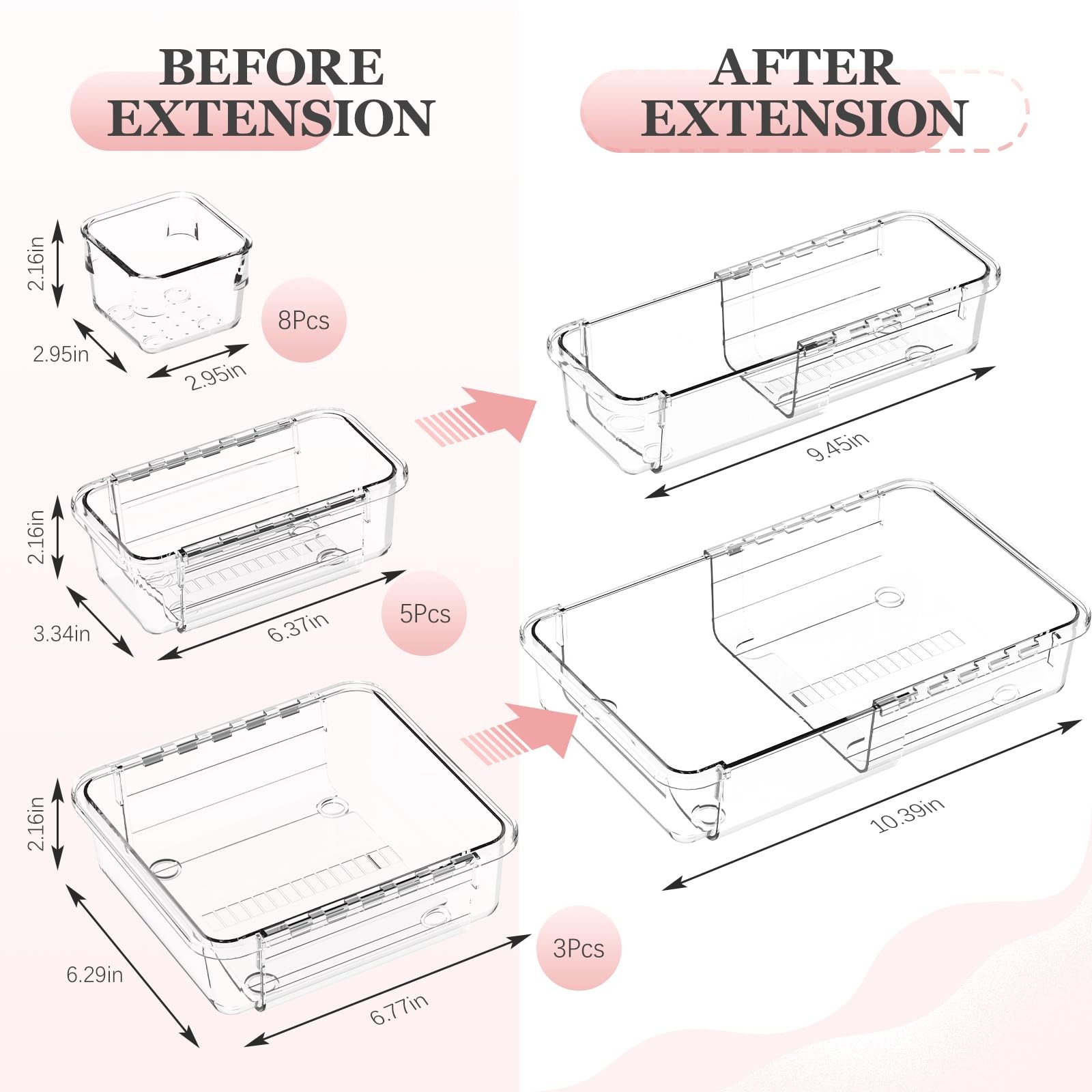 16 Pcs Clear Extendable Drawer Organizer, Adjustable Drawer Storage 3-Size De…
