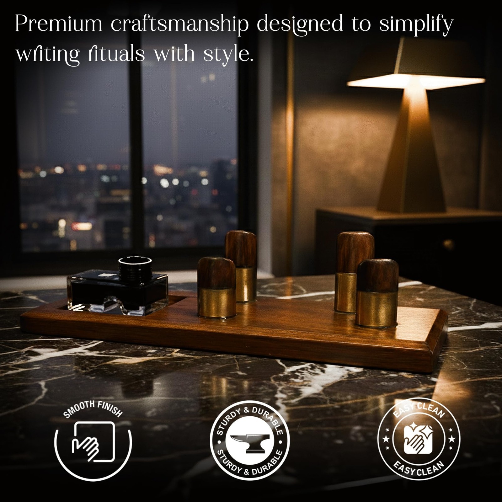 Luxury Wooden Desk Pen Stand with Ink Bottle Holder – Premium Executive Offic…