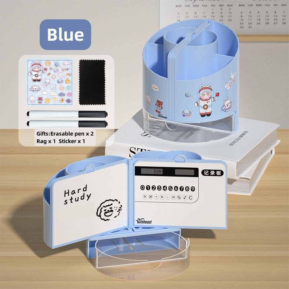 WISHEAST Desk Pencil Pen Holder with Calculator, Mirror, 7 Slots 180° Blue