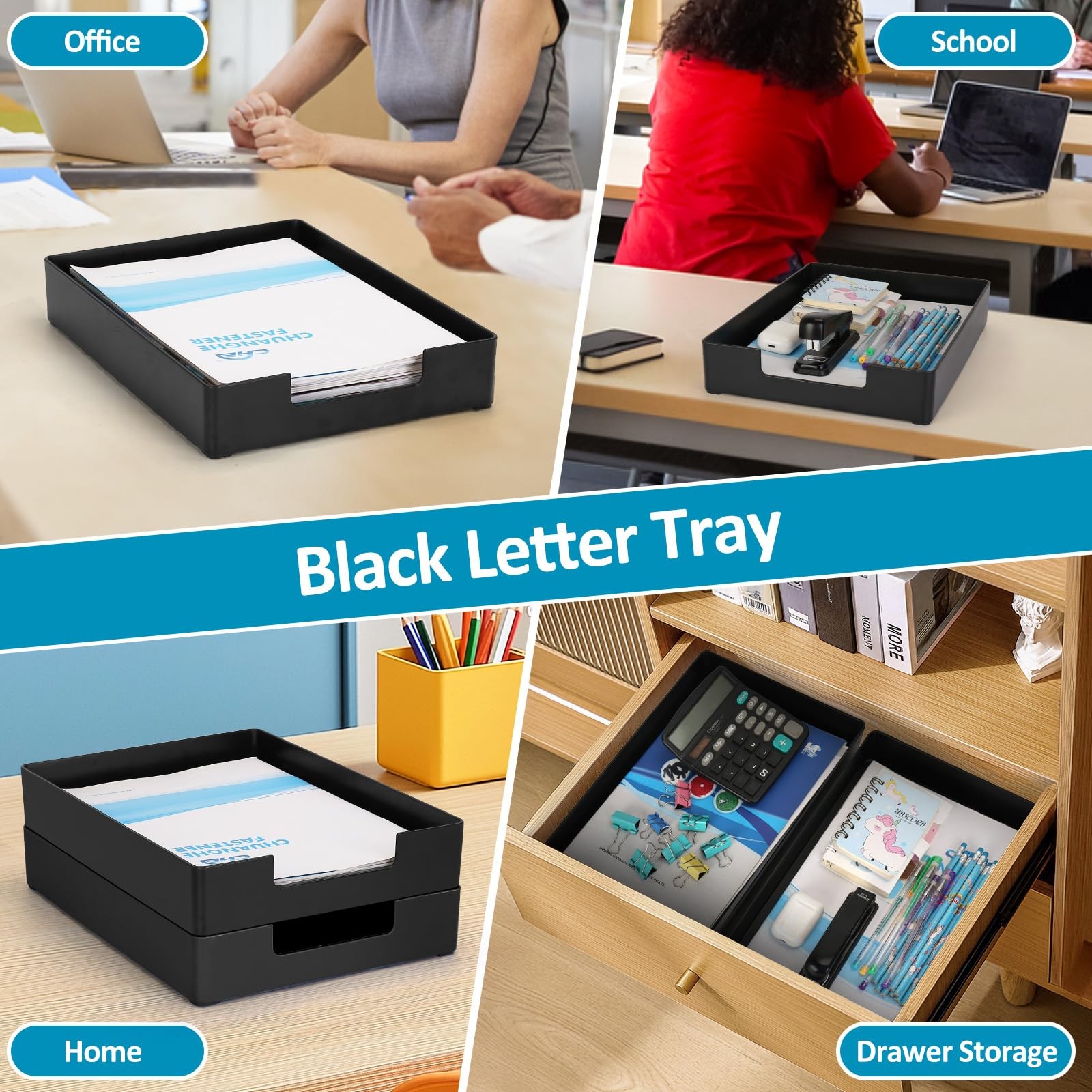 Letter Size A4 Papers Tray Desk 12.99″ L x 9.44″ W x 1.96″ H, Black-2 Pcs