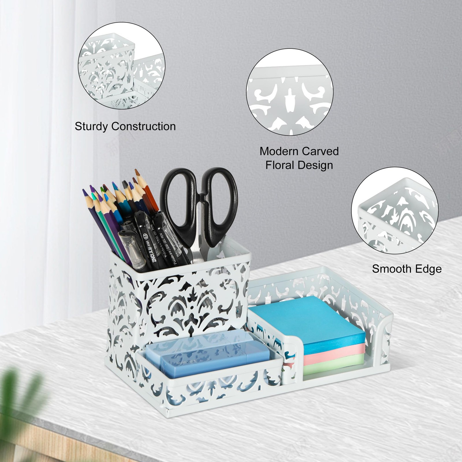 Desk Organizer 3 Compartment Pen Holder Sticky Note Tray White