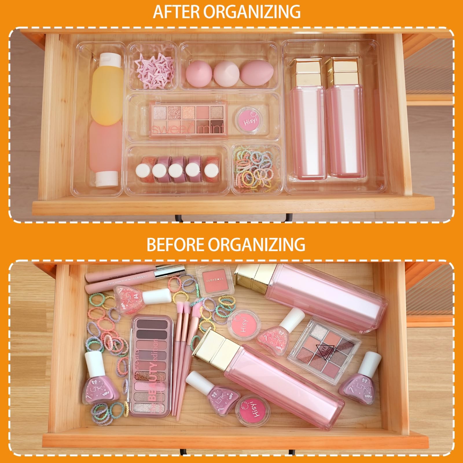 Clear Acrylic Drawer Organizers Set, Makeup & Office Desk Storage, 25 Pcs