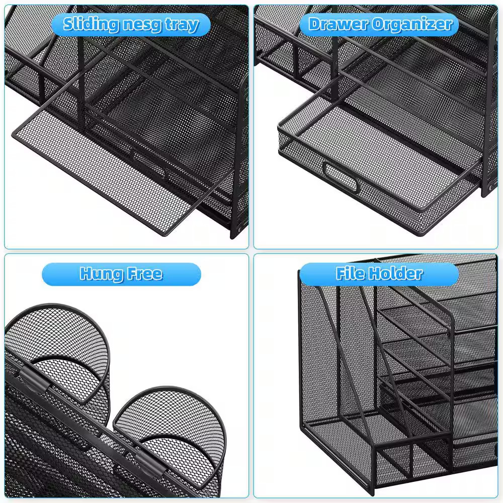 Black 13.77 In. X 11.02 In. Metal Desk Organizer with Sliding Drawer and 2 Pen H