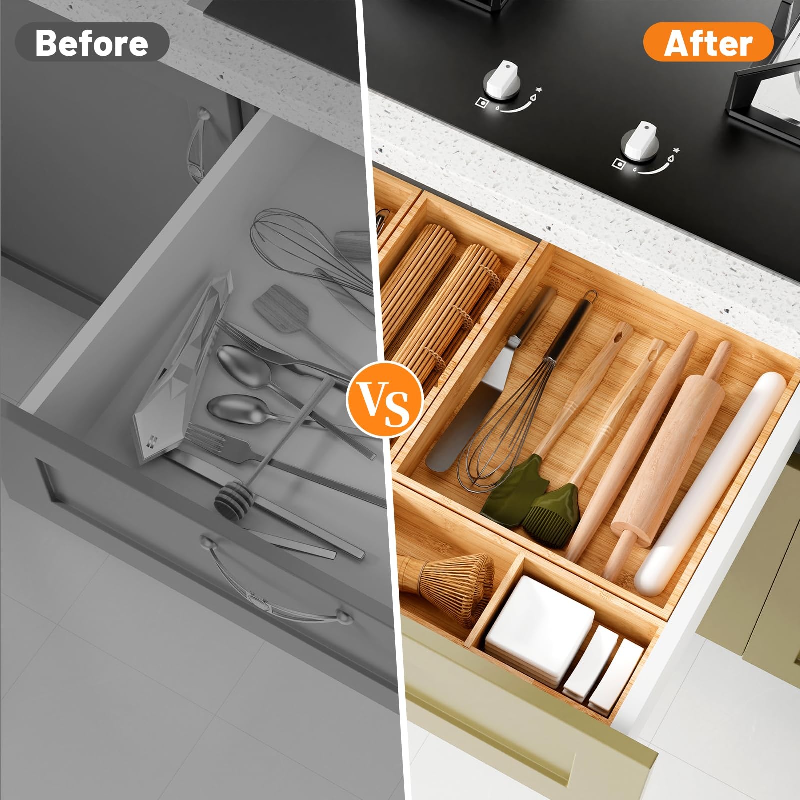SpaceWhisper Bamboo Drawer Organizer, 5-Piece Divider with natural