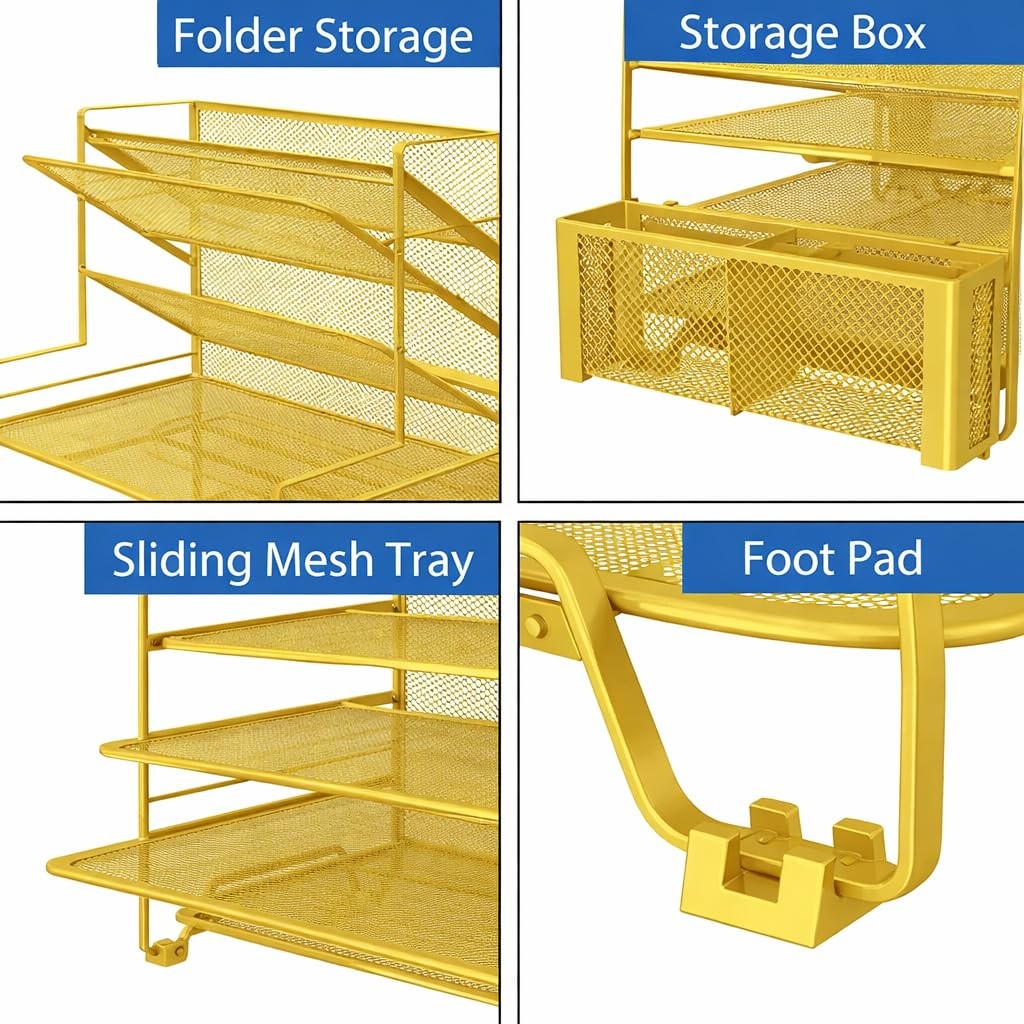 7 Tier Desk File Organizer, Gold Metal Mesh, 16.75″W x 8.75″D x 16.75″H – Space