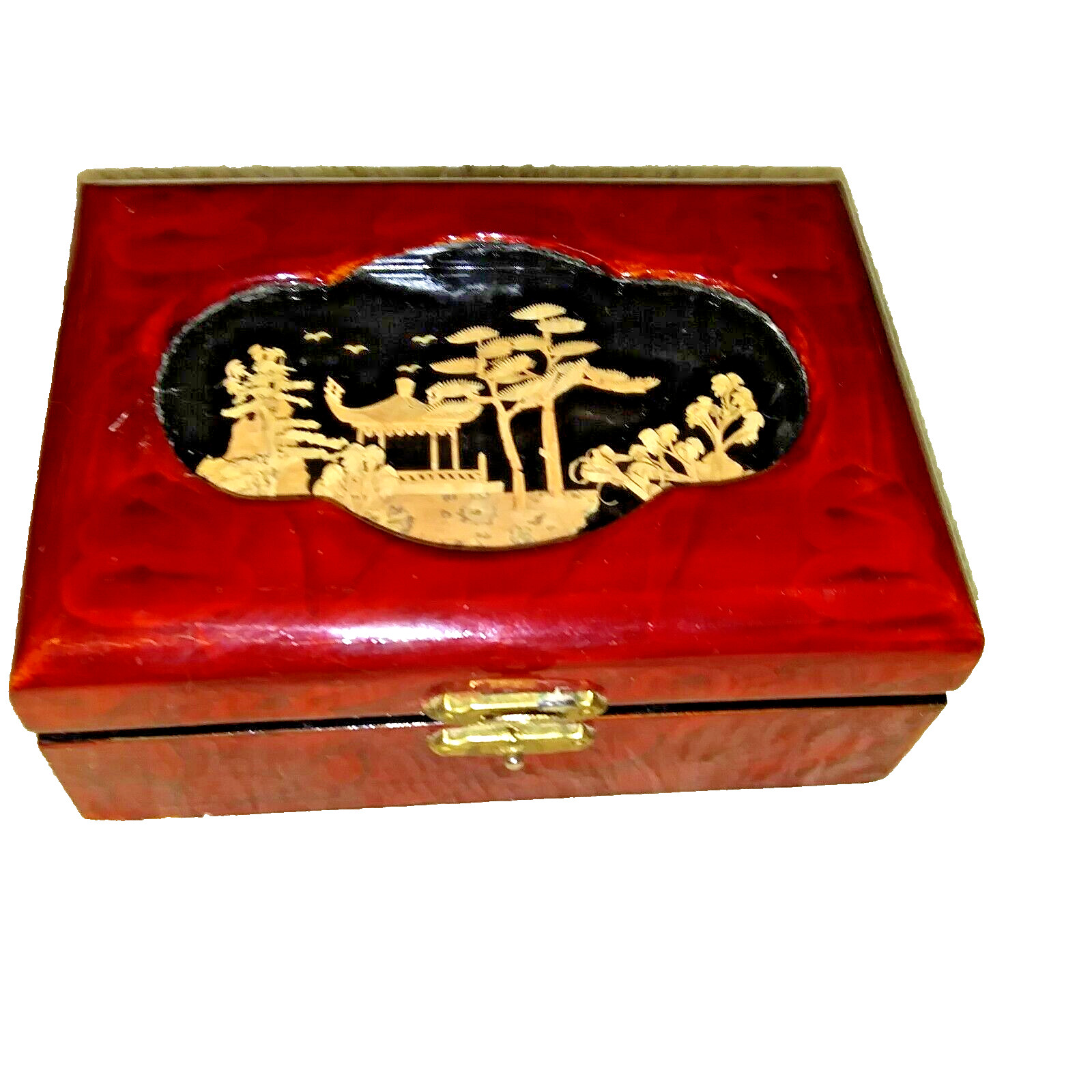 VTG San You Lacquered Oriental Pagoda Diorama Hand Carved Cork Art Jewelry Box