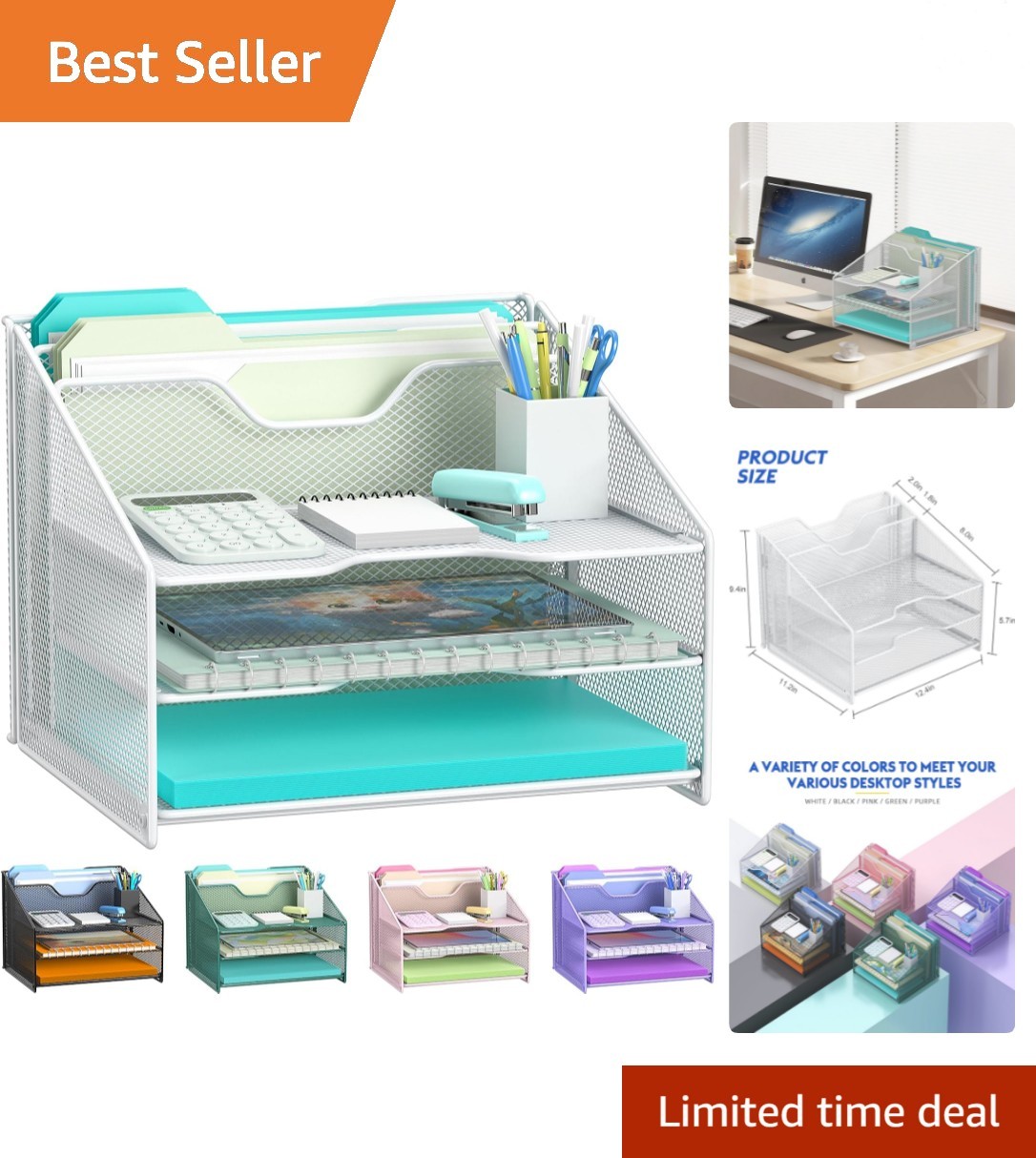 Durable White Desk Organizer with 3 Trays & 2 Upright Sections for Easy Access