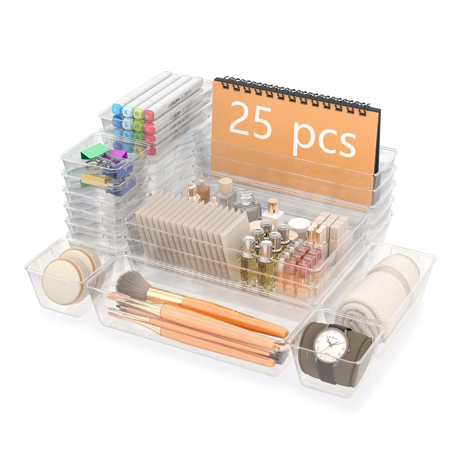 Yanosaku 25 PCS Clear Plastic Drawer Organizer Set, 4 Sizes Vanity