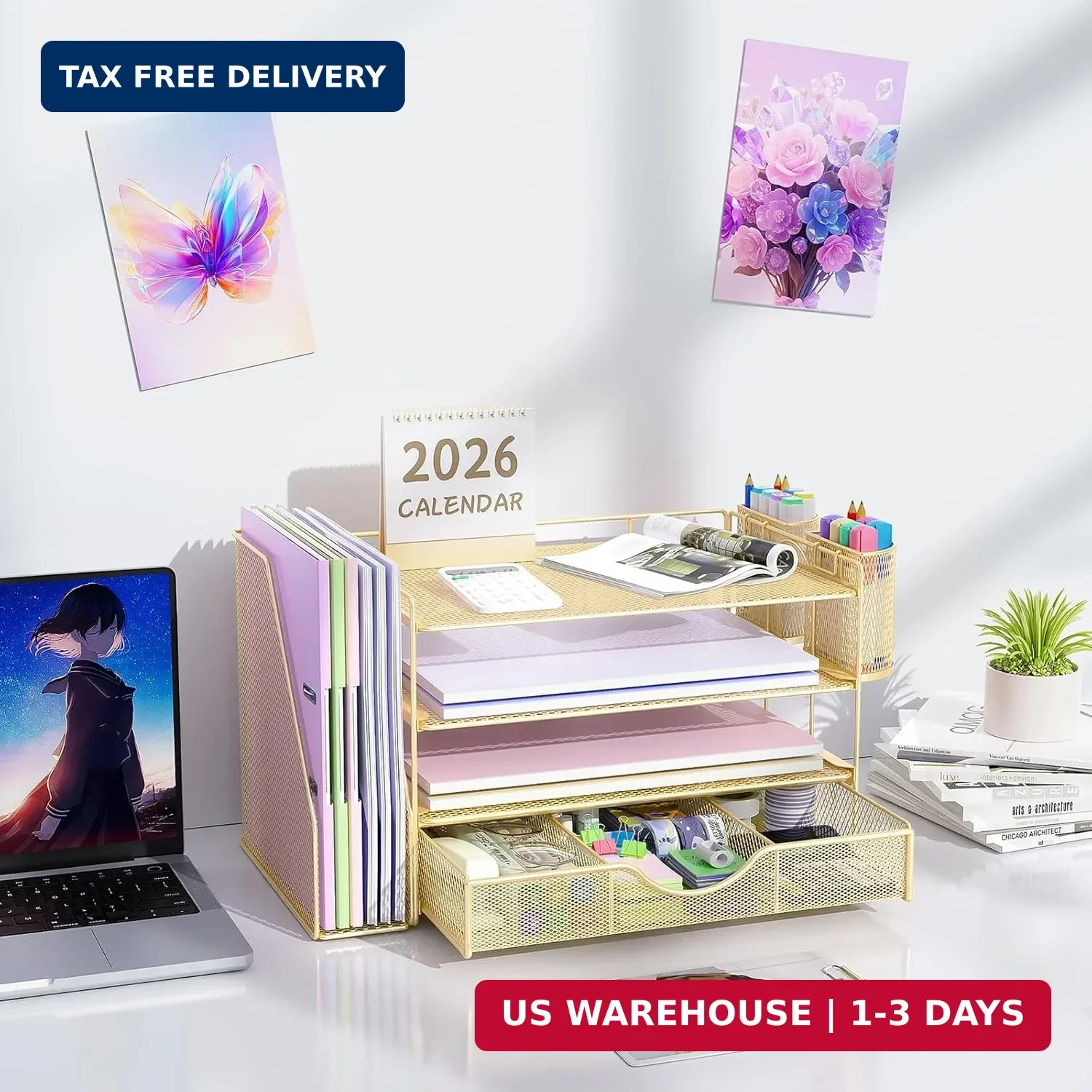 gianotter Desk Organizers and Accessories with File Holder, 4-Tier Desk Accessor