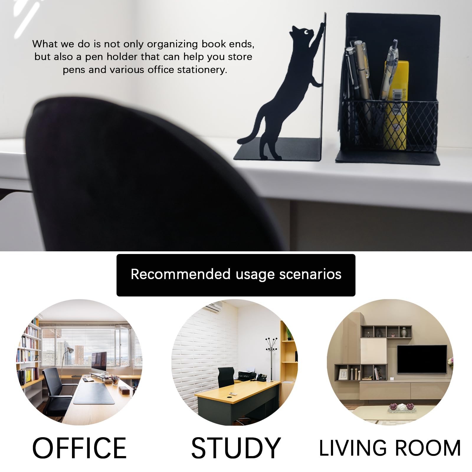 Cat Book Ends for Shelves, Metal Decorative with Pen Black