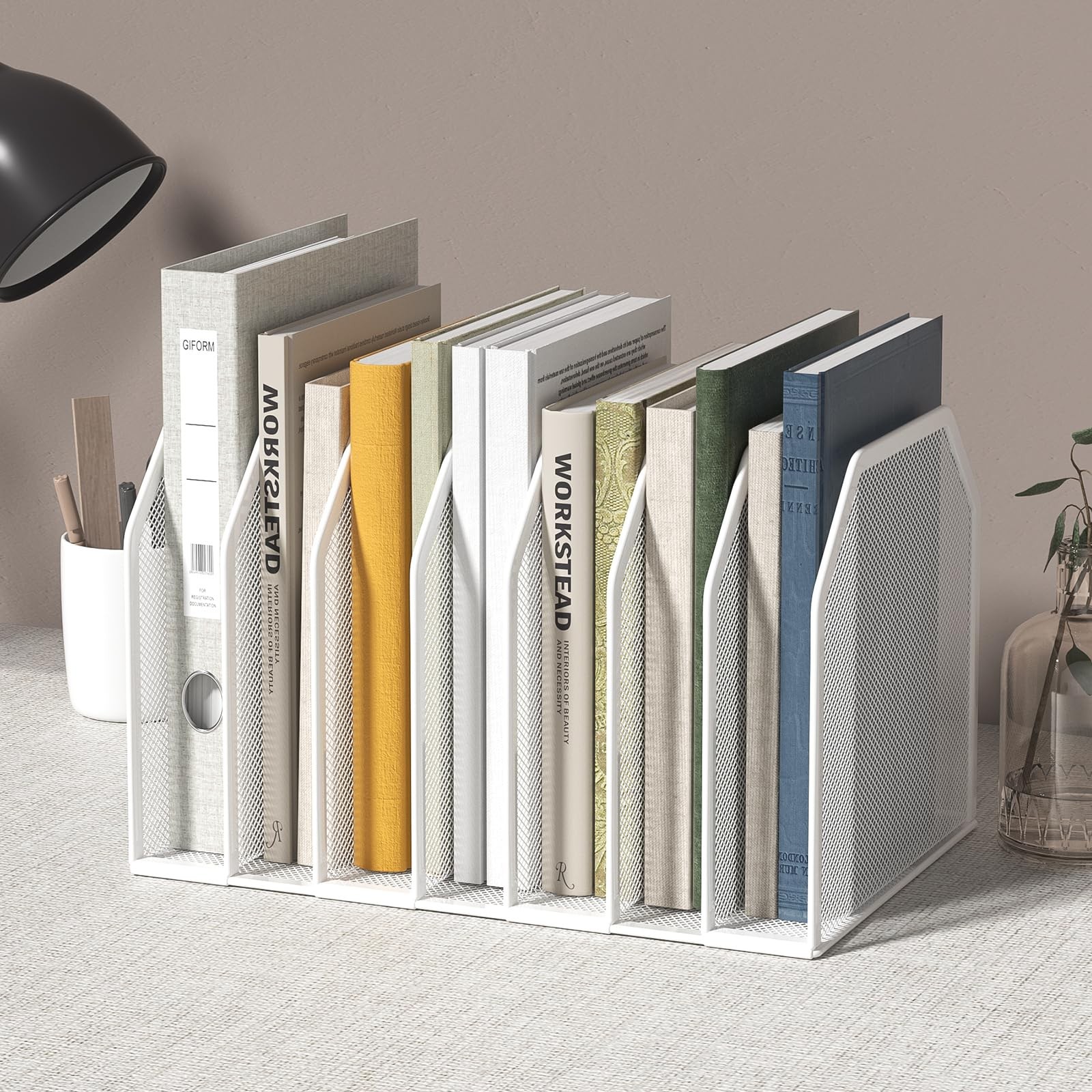 White 5Section Metal Vertical Desk File Folder Organizer Stand 8.5×9.3 Inch