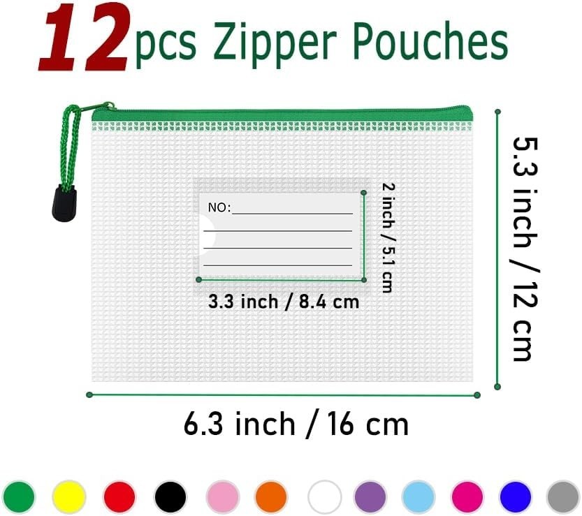 Plastic Mesh Zipper Pouch, 12Pcs Zipper File Bags with Label Pocket, Game