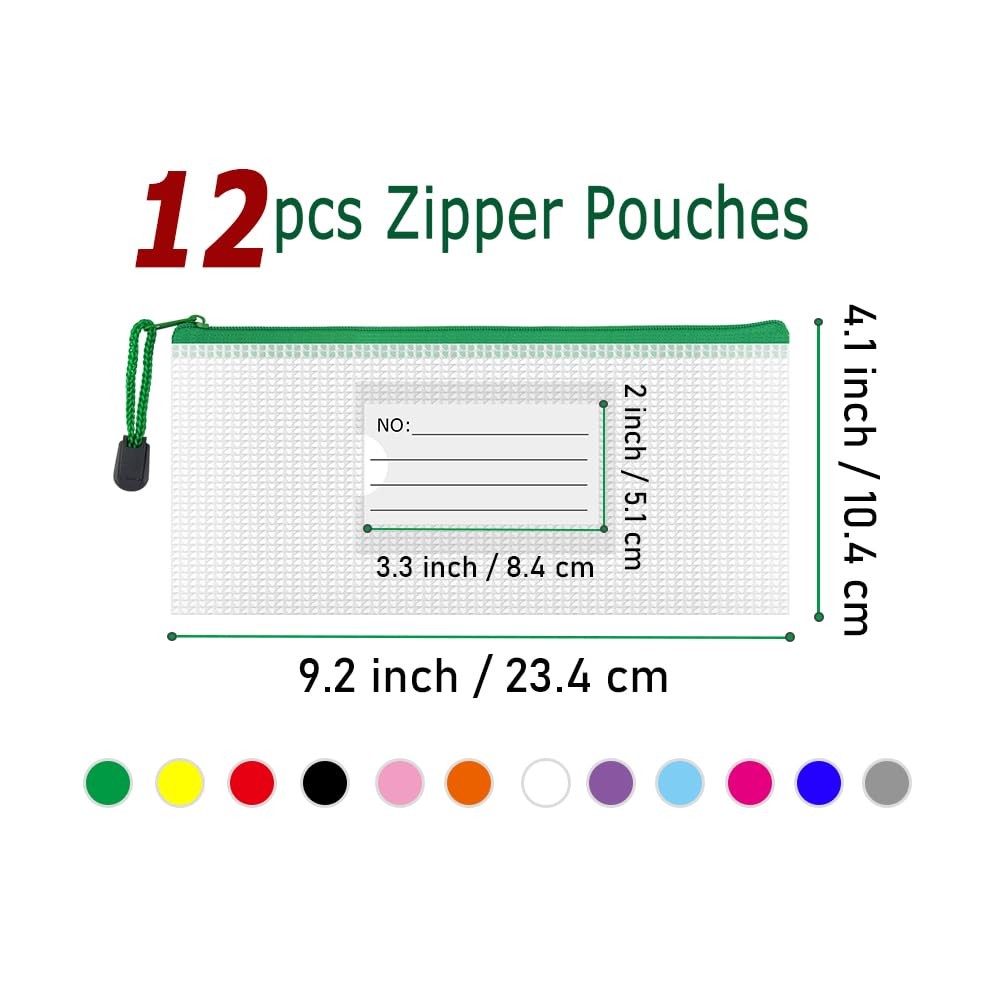12 PCS Plastic Mesh Zipper Pouch File Bags Label Pocket Receipt 9.2×4.1 Inch