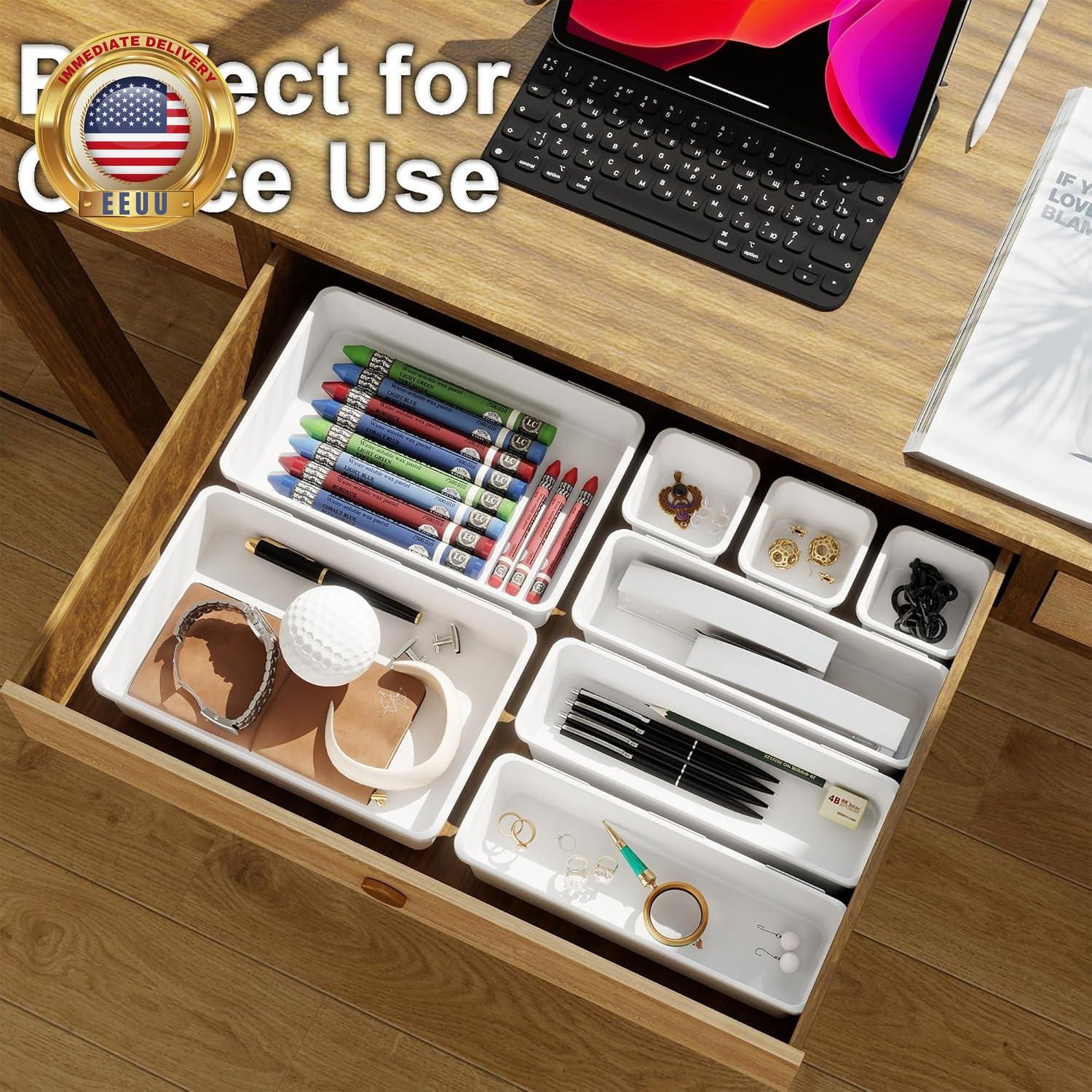 Desk Drawer Organizer Tray Set, 8PCS Plastic Drawer Organizer Bins for Office, M