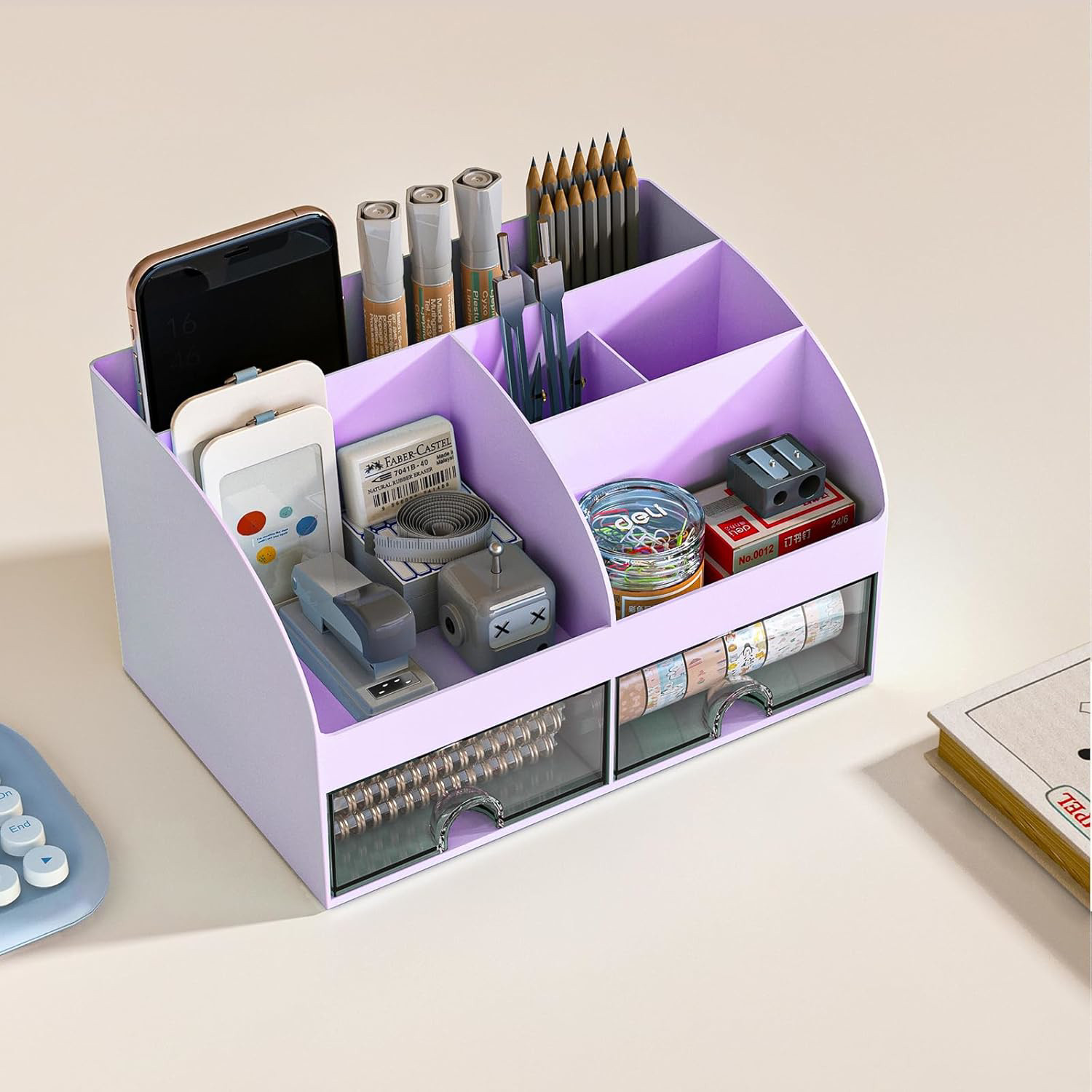 Purple Desk Organizer with 6 Compartments and 2 Drawers for Office Supplies