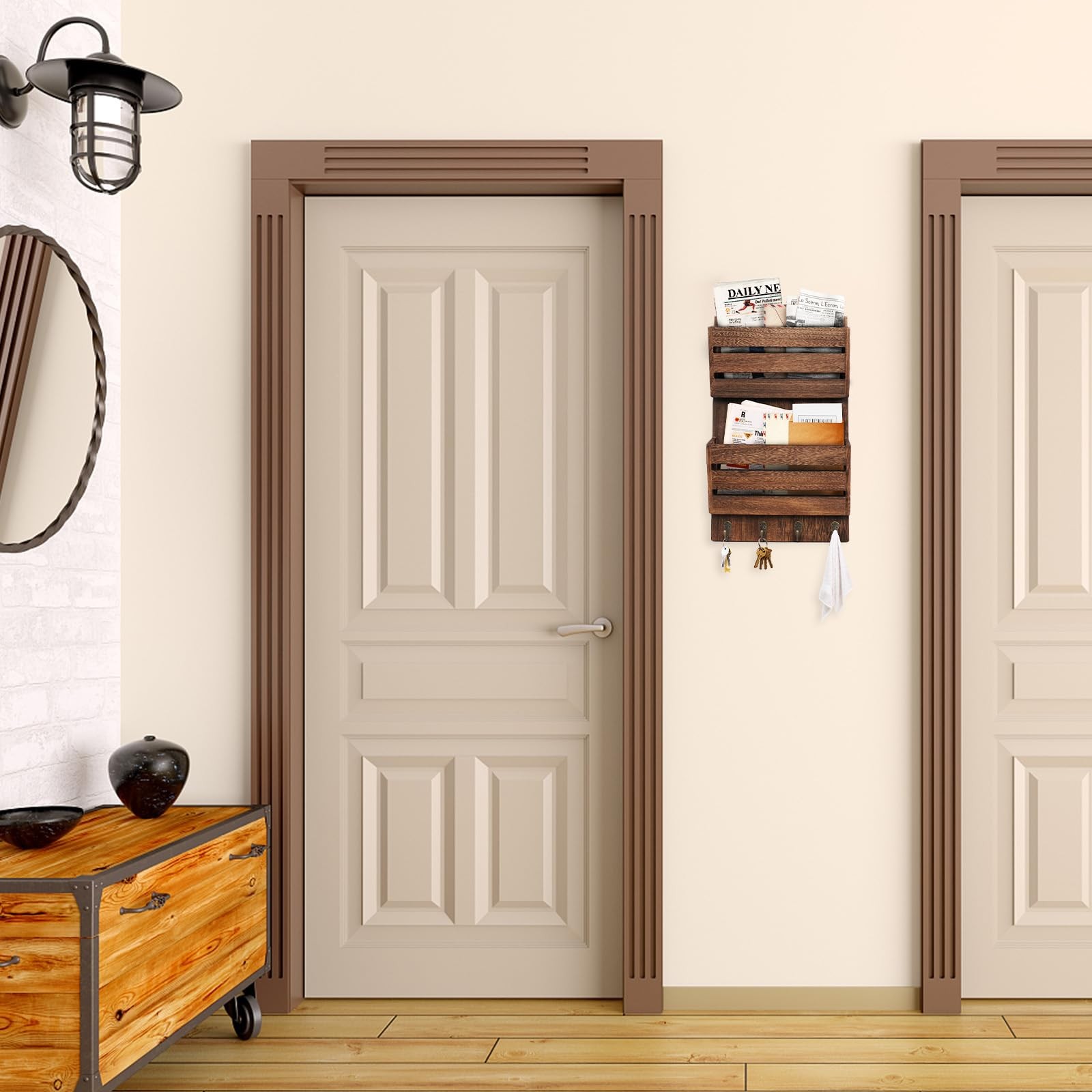 Organizer Wall Mount with 4 Key Hooks, Rustic Wooden Hanging Sorter Farmhouse…