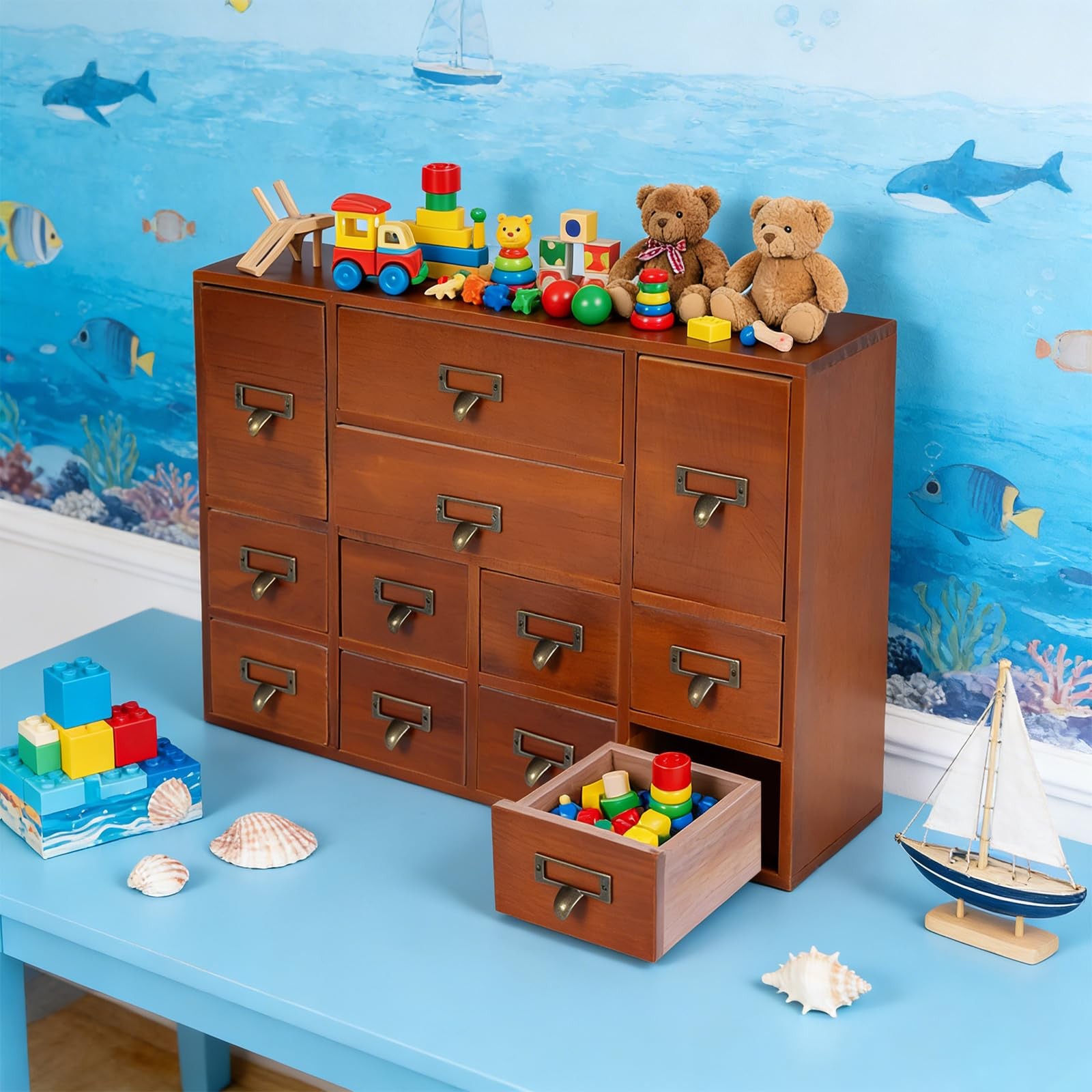 12 Drawer Storage Box Desktop Organizer 3 Size Office Cosmetics Jewelry Brown