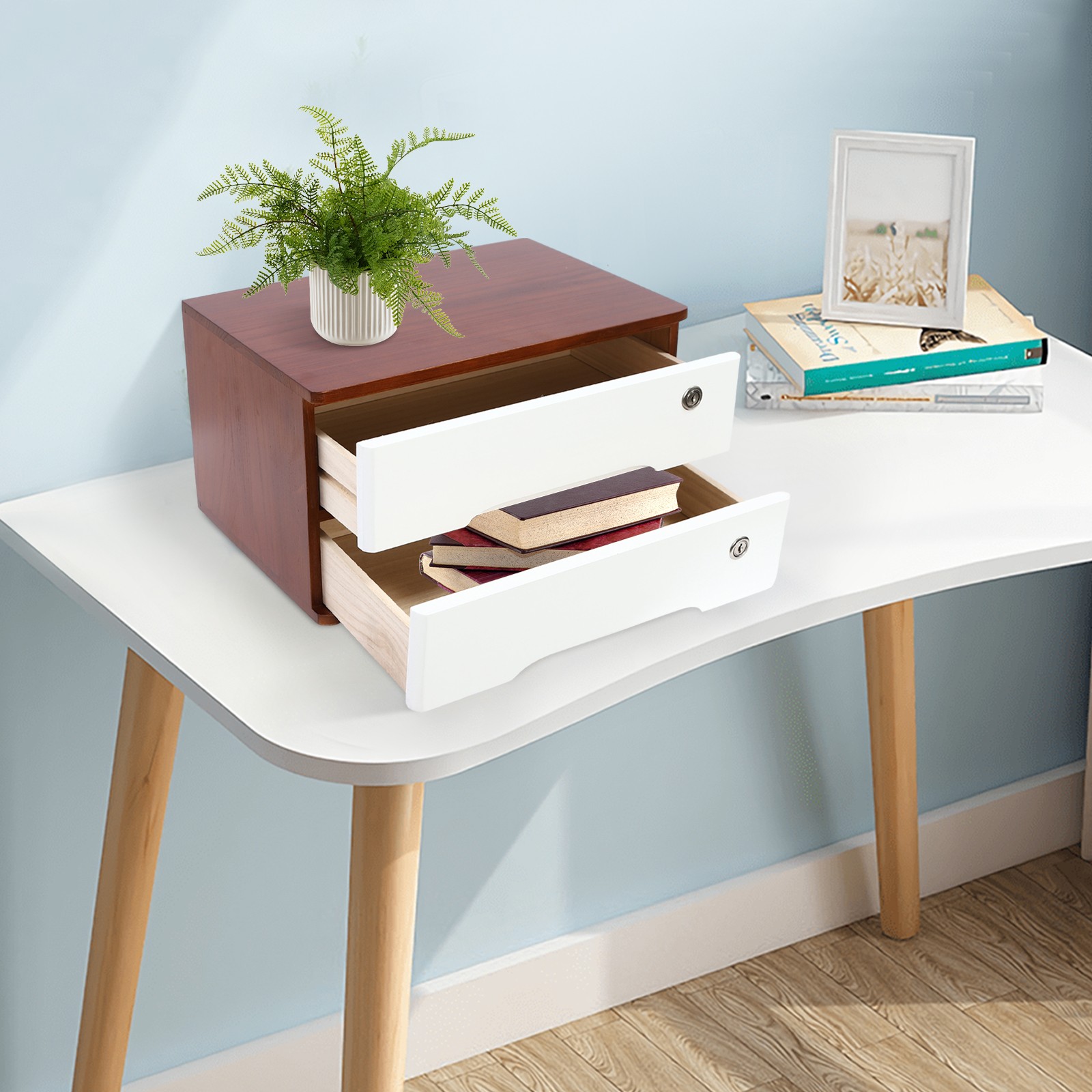 Luxury Walnut Finish Wooden Desk Organizer 2 Drawer Lockable Storage Cabinet