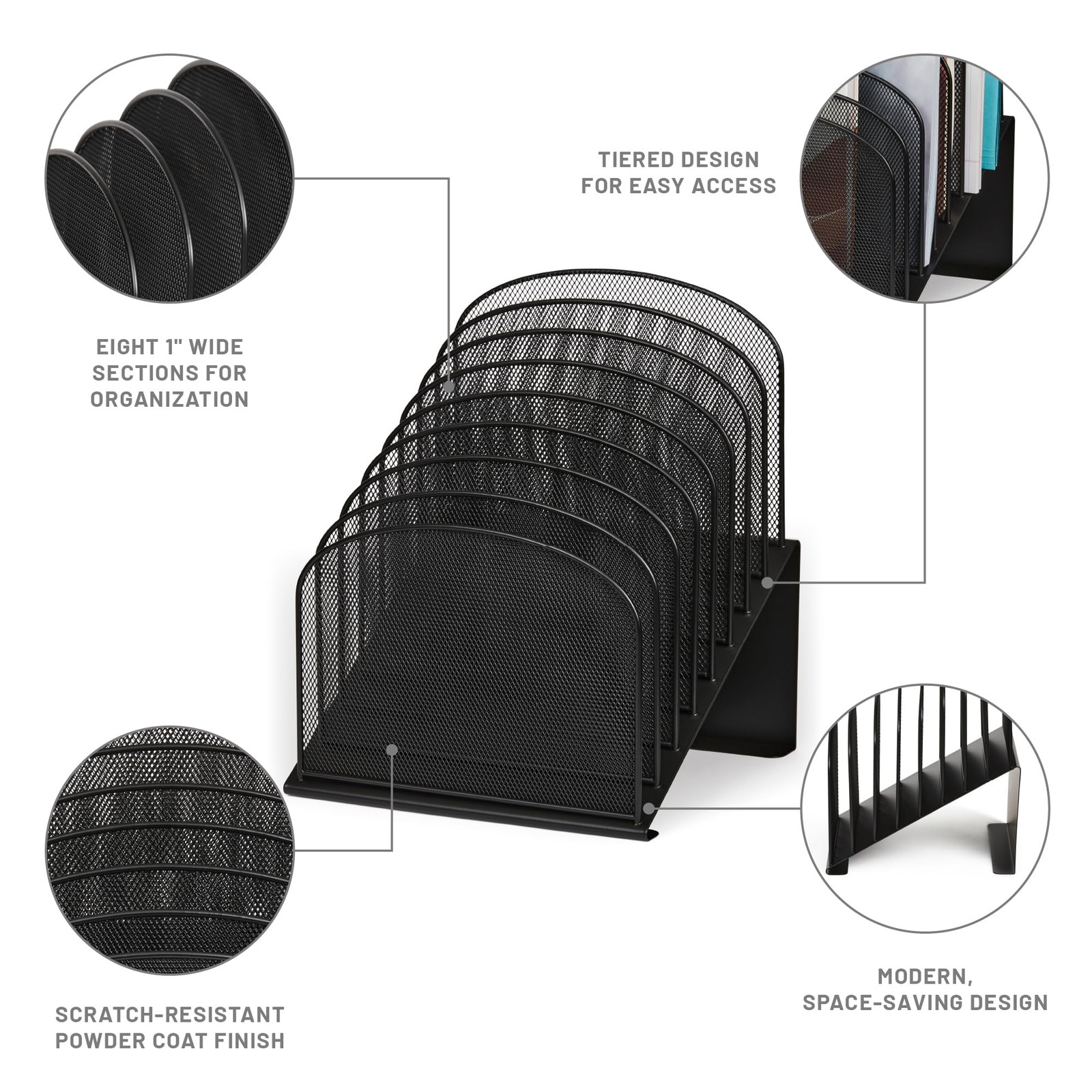 Safco Onyx Desk Organizer, 8 Tiered Vertical 8 Tier Vertical, Black