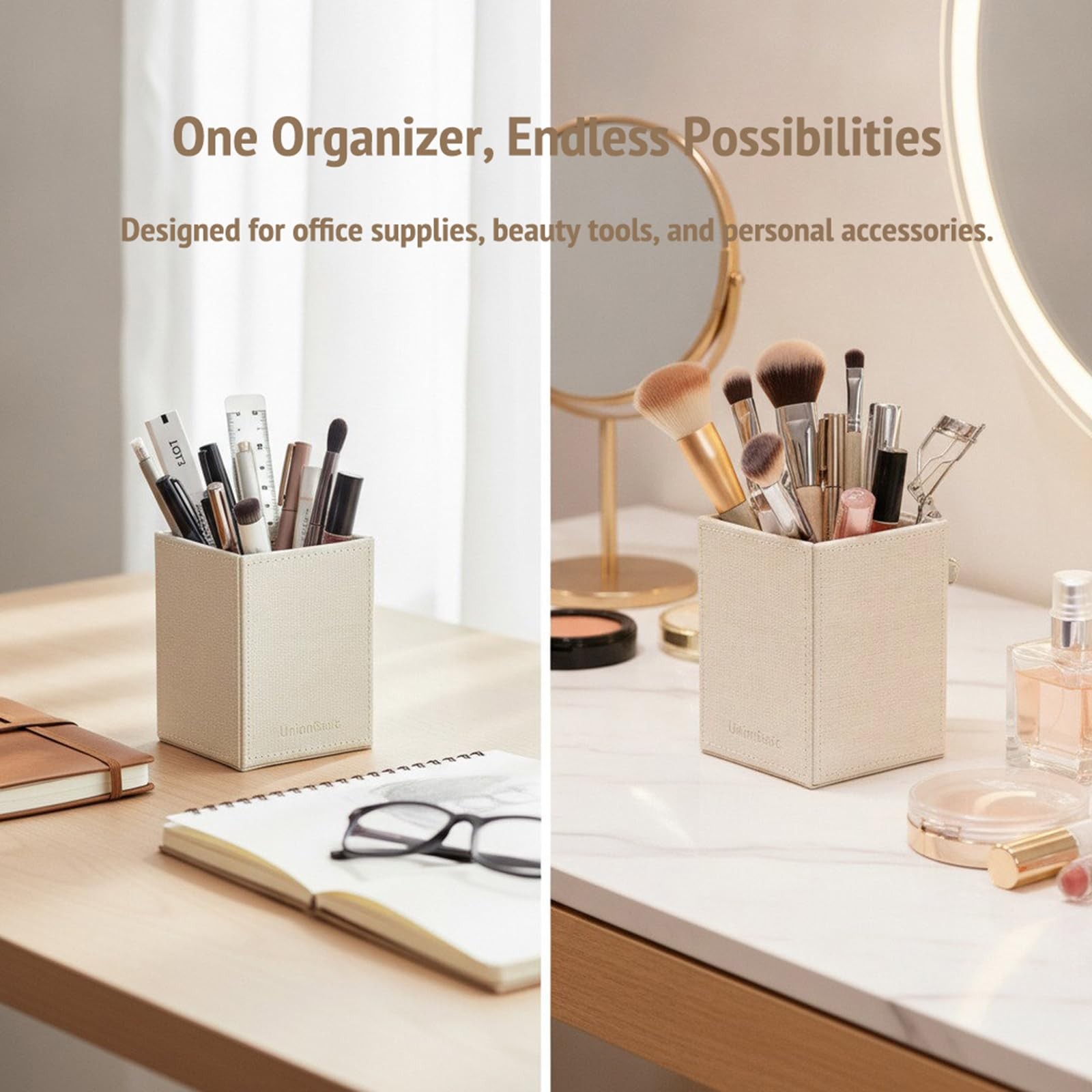 UnionBasic Square Pen Holder, Leather Pencil Cup, Desktop Caddy Beige